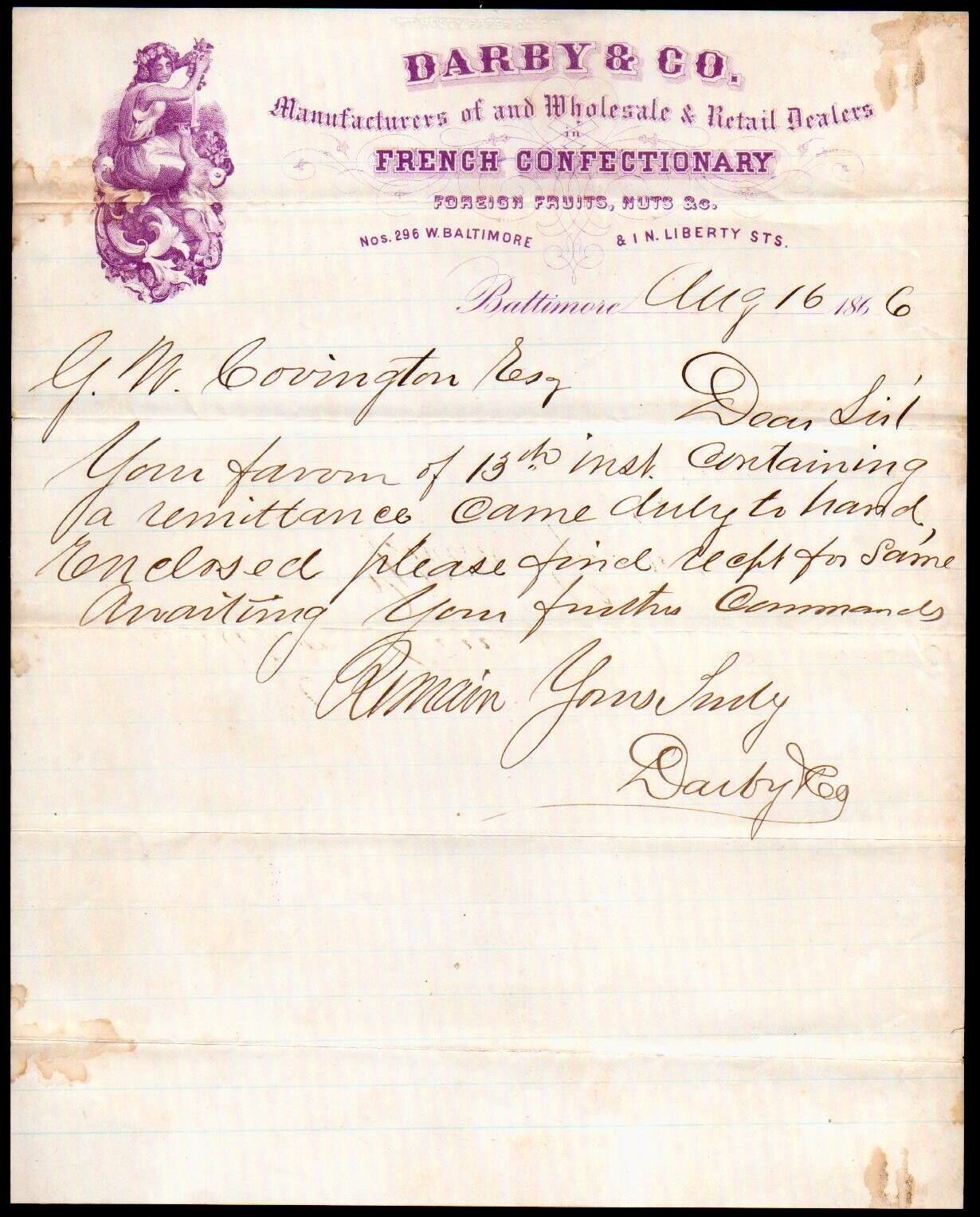 1866 Baltimore Md - Darby & Co - French Confectionary - Rare Letter Head Bill