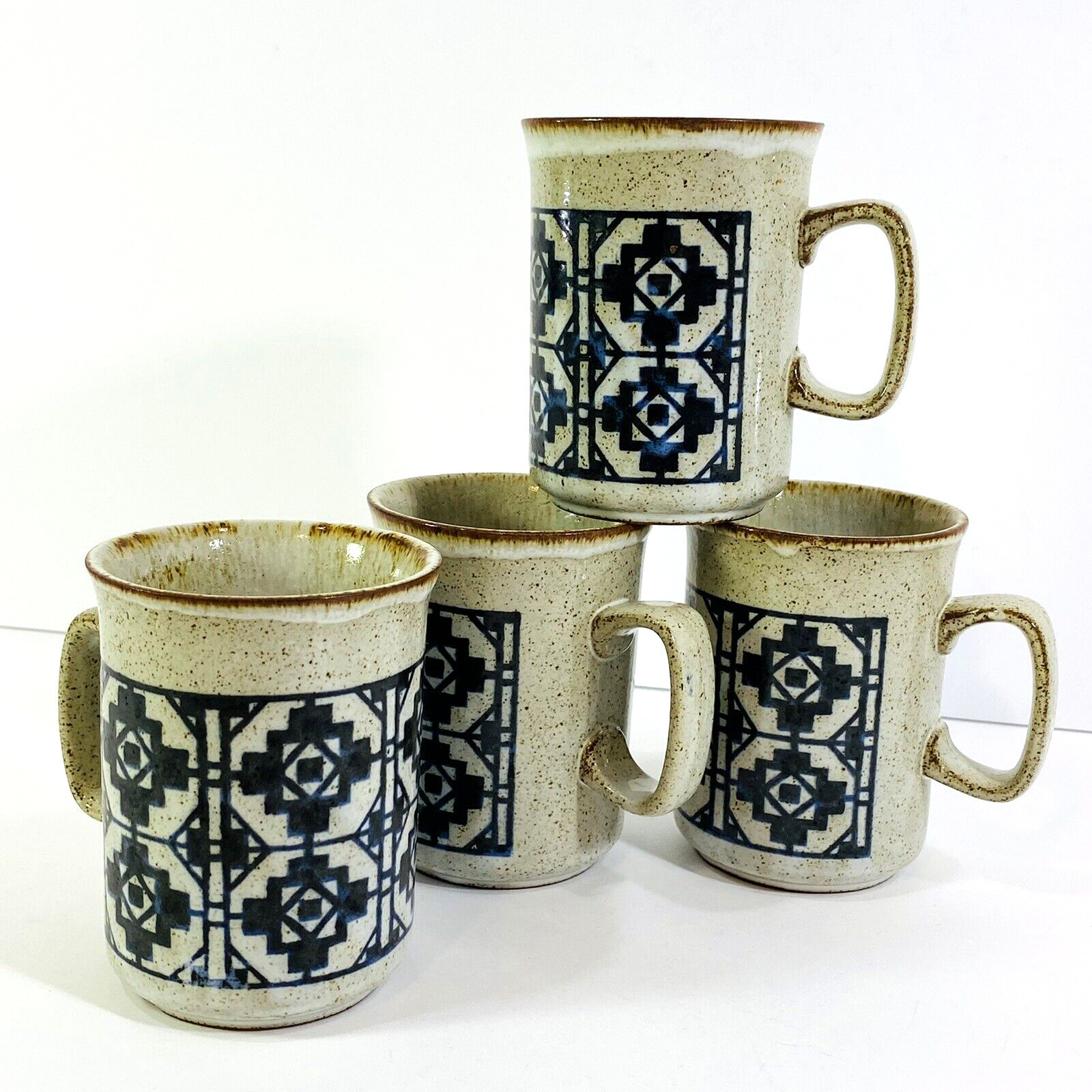 Dunoon Ceramics Stoneware Pottery Mugs Set of 4 Celtic Style Made in Scotland