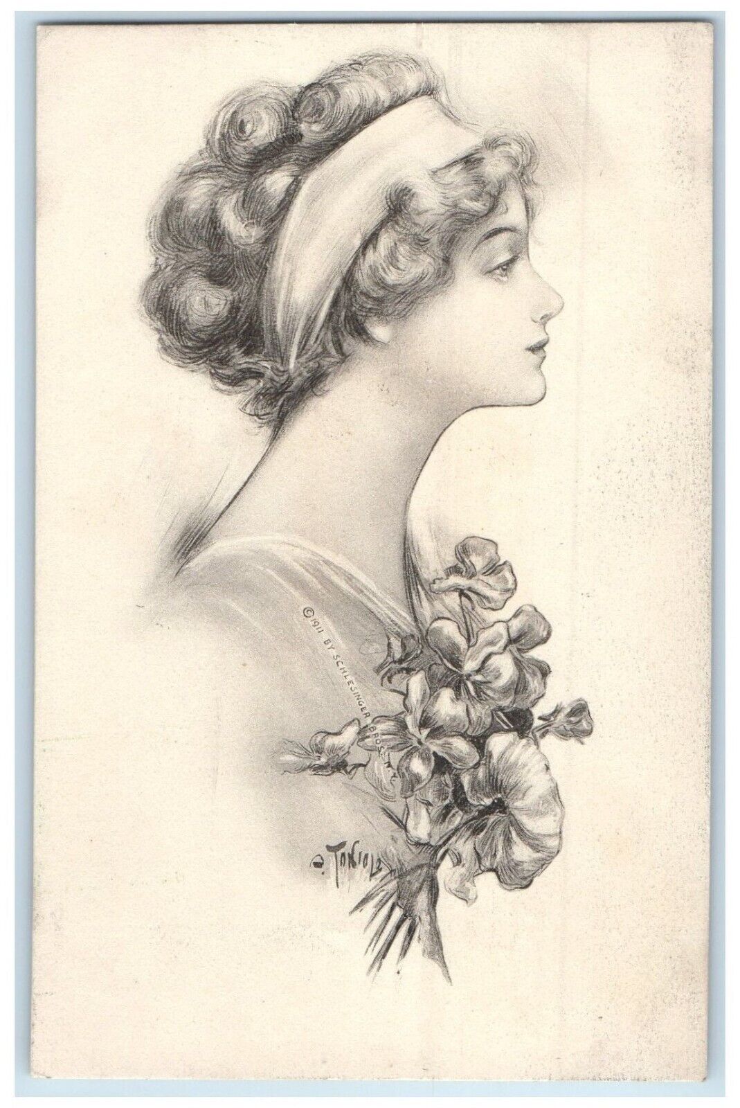 1912 Victorian Pretty Woman Curly Hair Flowers Sheboygan Wisconsin WI Postcard