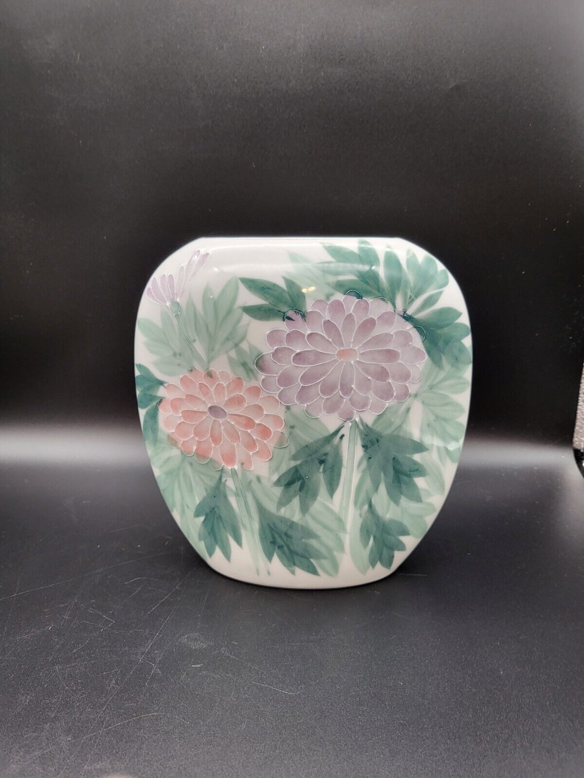 Vtg Andrea by Sadek Hand Painted Oriental Porcelain Oval Vase Rased Flowers EUC 