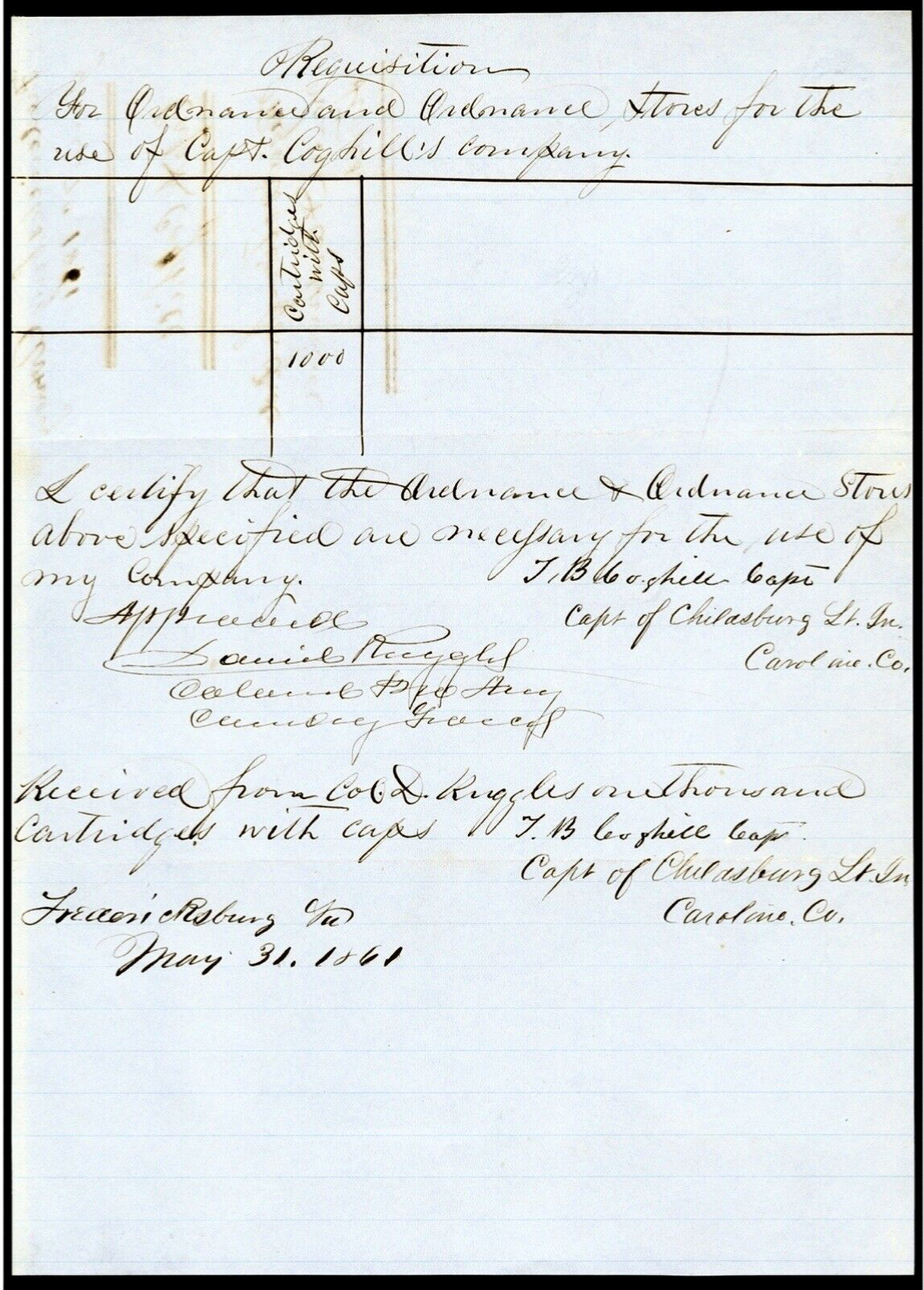 5/31/1861 Handwritten Civil War Ammunition Request Fredericksburg VA Virginia