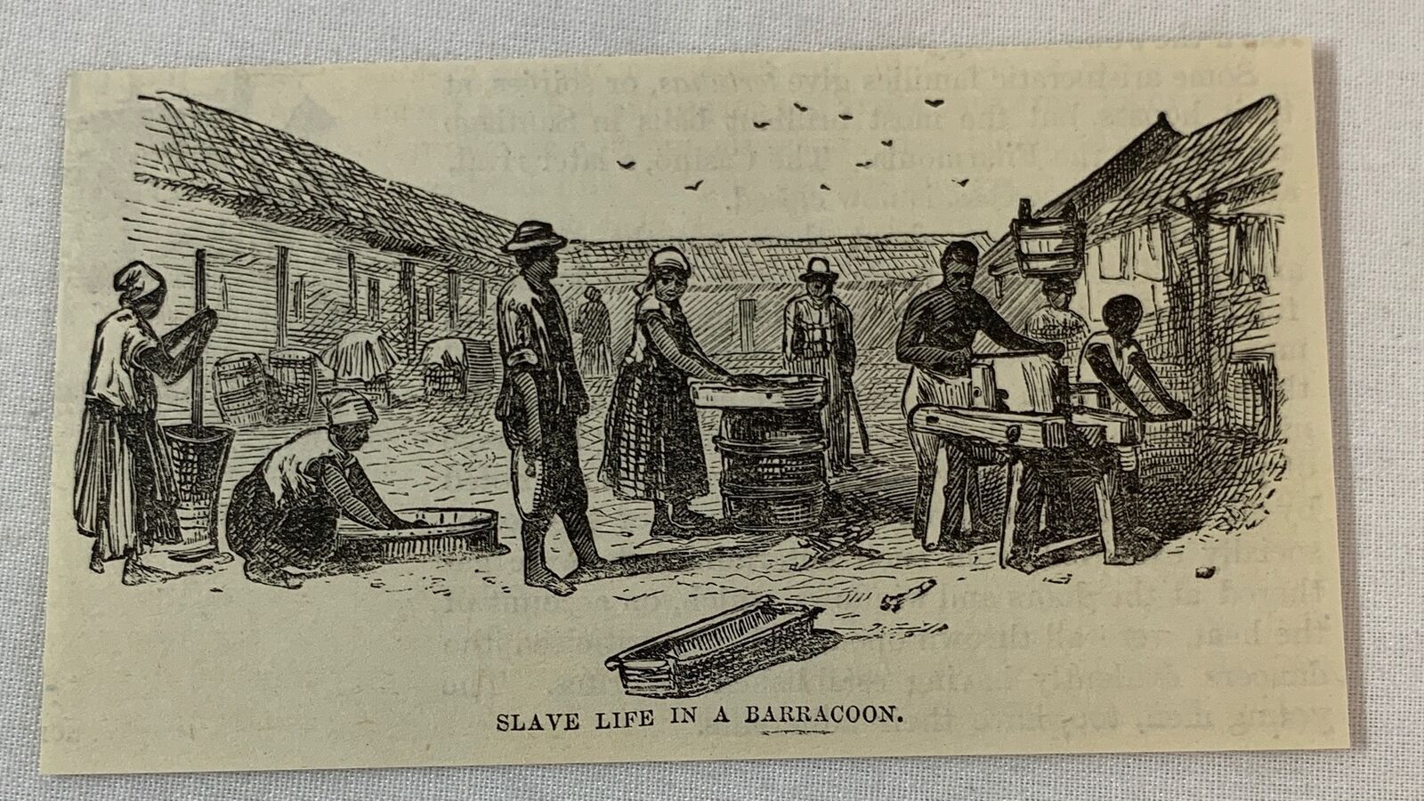 1877 magazine engraving~ SLAVE LIFE IN A CUBA BARRACOON