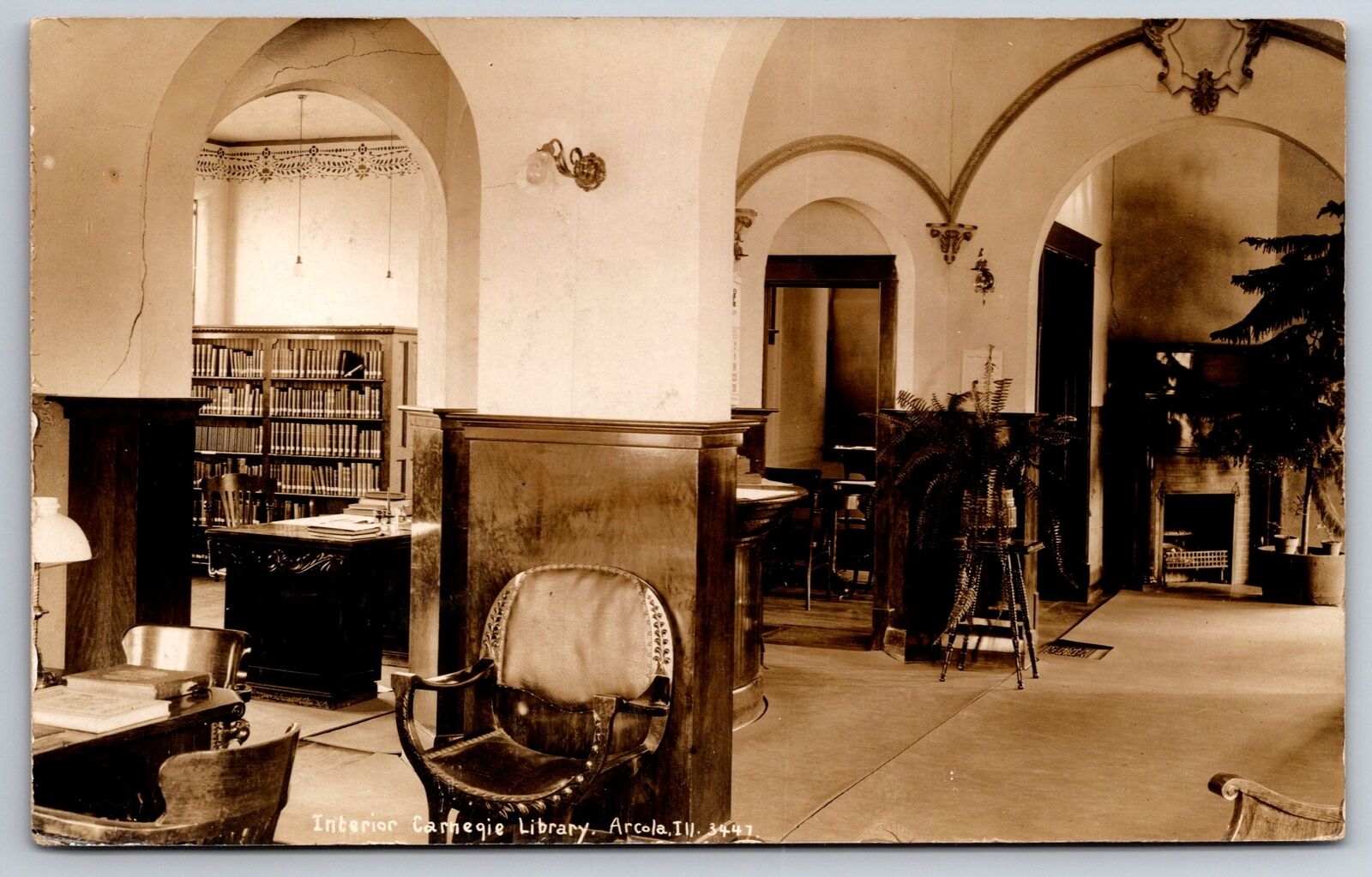 Arcola IL~Sconce Lights~Archways~Carnegie Library~Books~CU Williams~RPPC~c1910