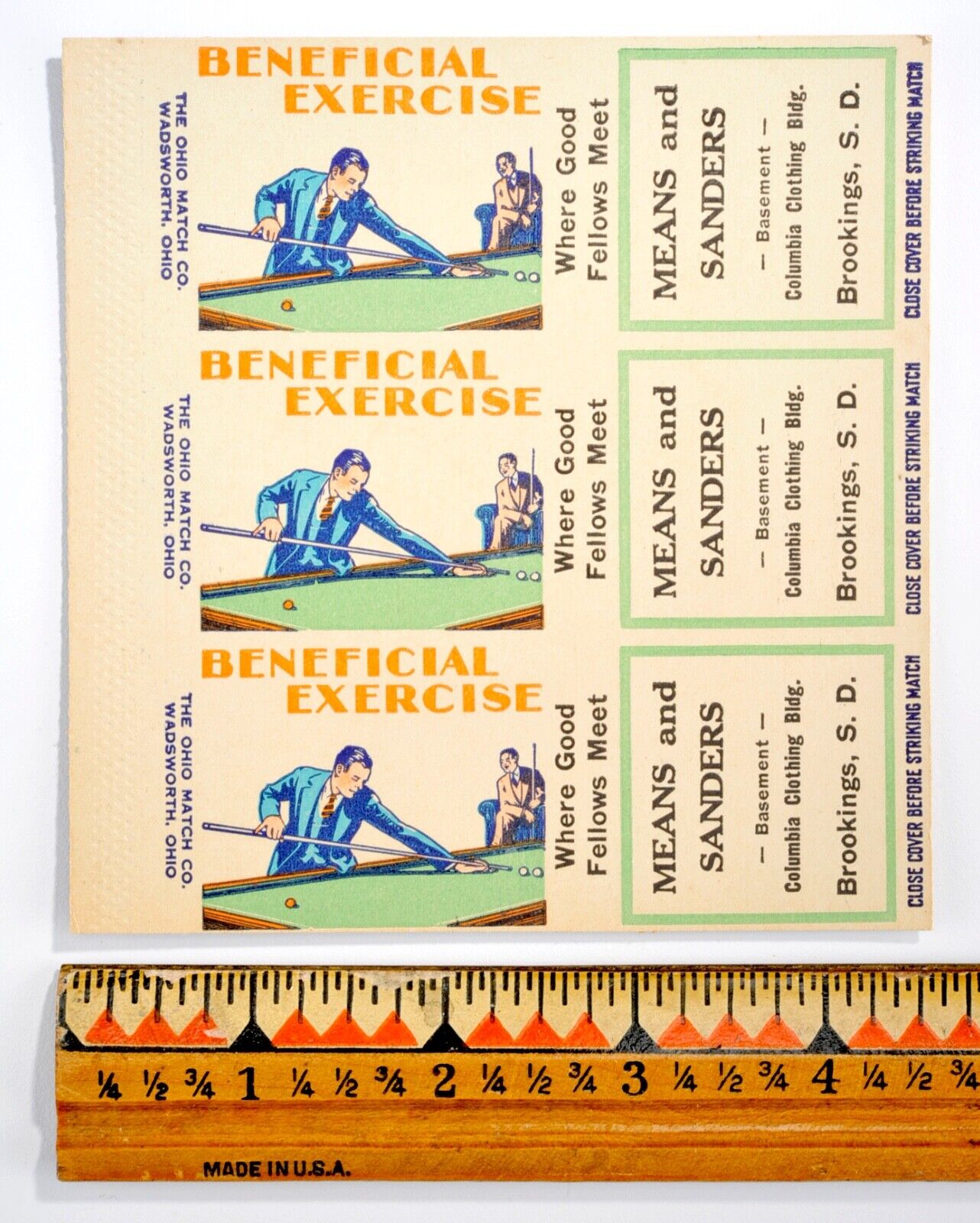 1930's Means And Sanders Matchbook Cover Billiards-Pool Hall Brookings, S.D. #16