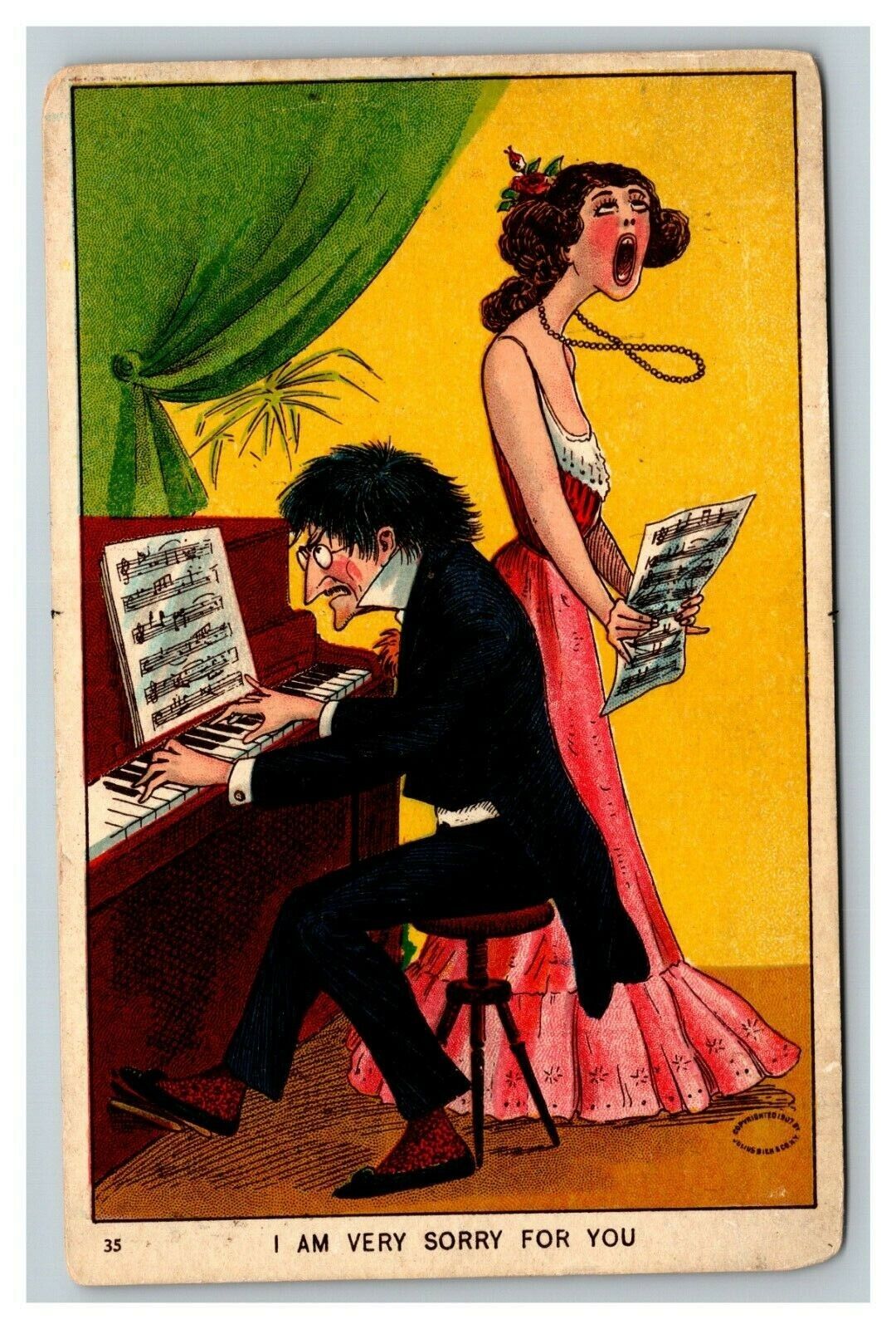 Vintage 1908 Comic Postcard - Beautiful Woman Ugly Singer - Annoyed Piano Player