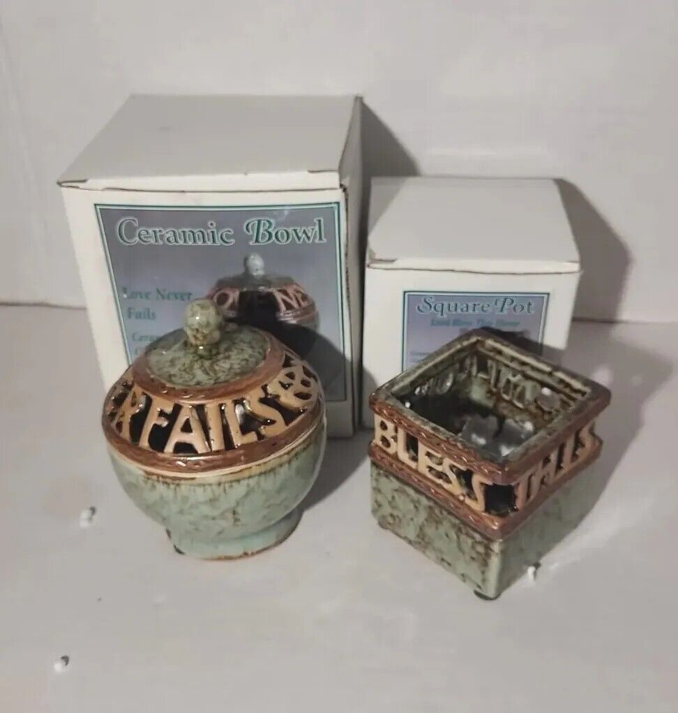Vintage Dicksons LOVE NEVER FAILS &  BLESS Ceramic Reactive Glaze Bowl & Pot Set