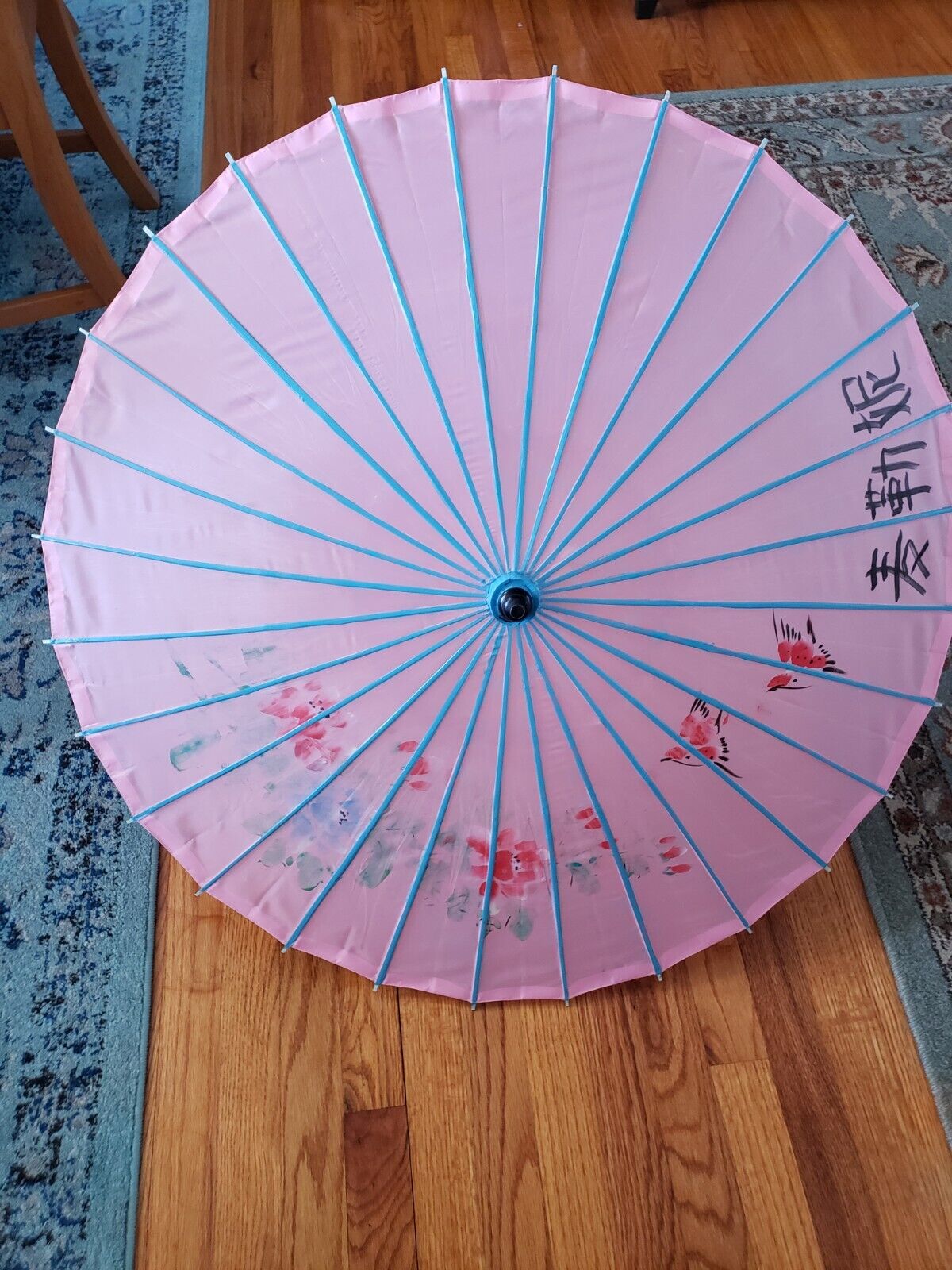 Vintage Japanese Umbrella Parasol Silk Pink Hand Painted Birds 33 Inches