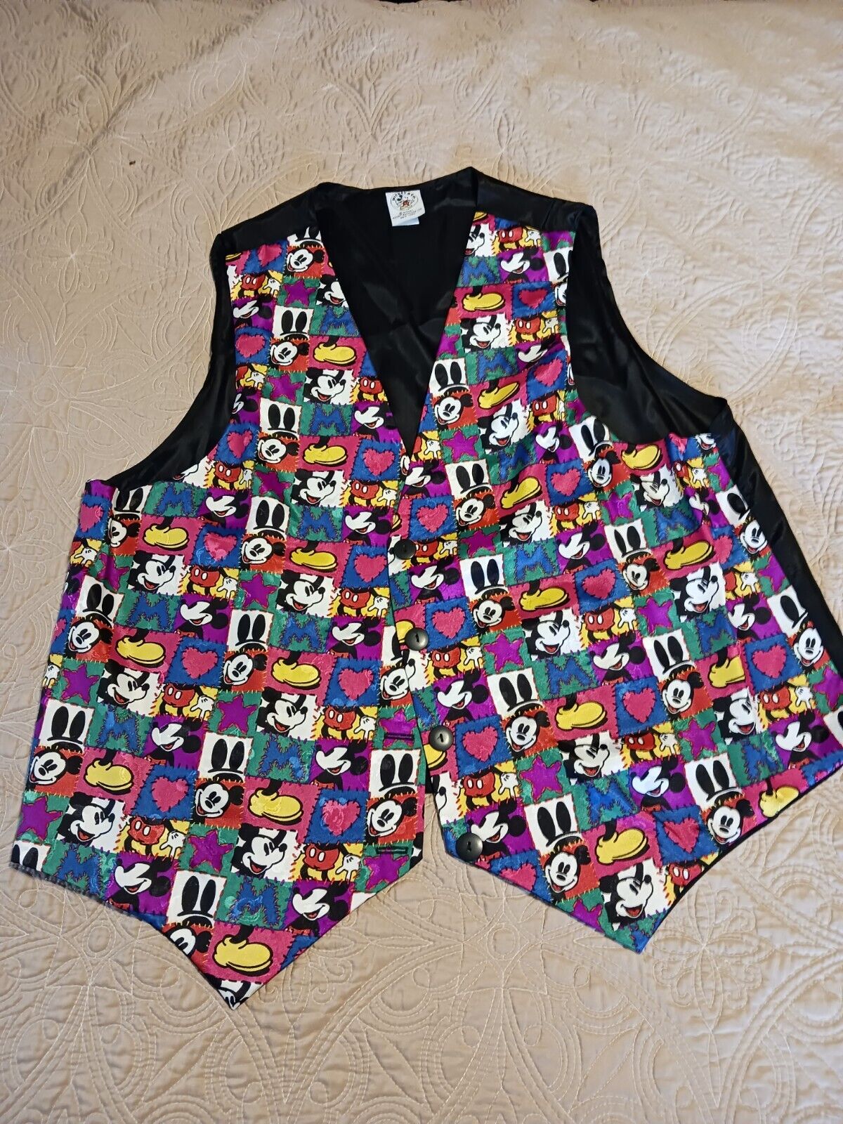 Vtg 90s Mickey & Co Women\'s Large Black Vest Disney Mickey Mouse Pattern 