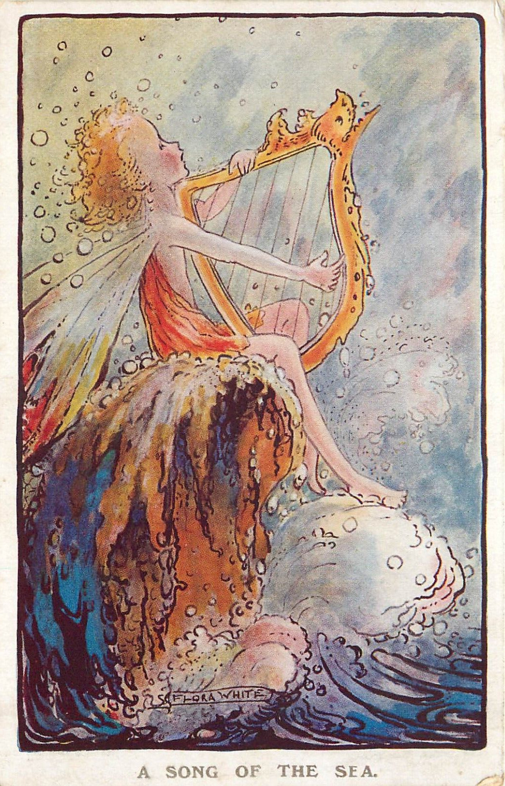 Vintage Fantasy Postcard; Song of the Sea Fairy on Rocks w/Harp A/S Flora White