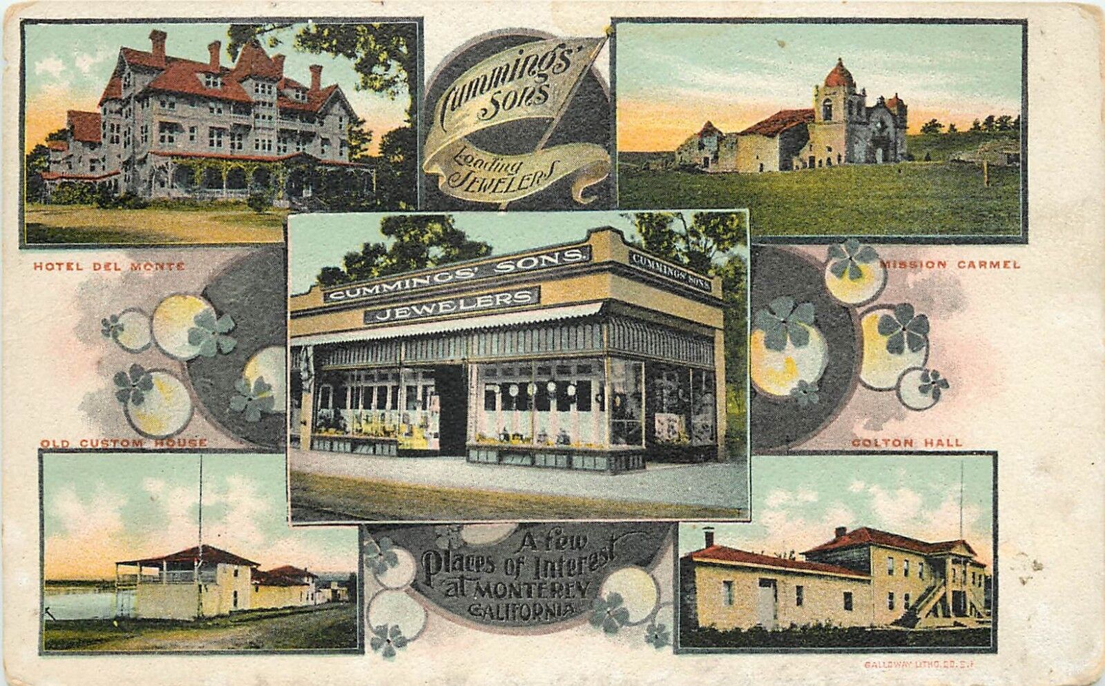 Early Multiview Postcard Monterey CA Advertising Cummings Sons Jewelers Unposted