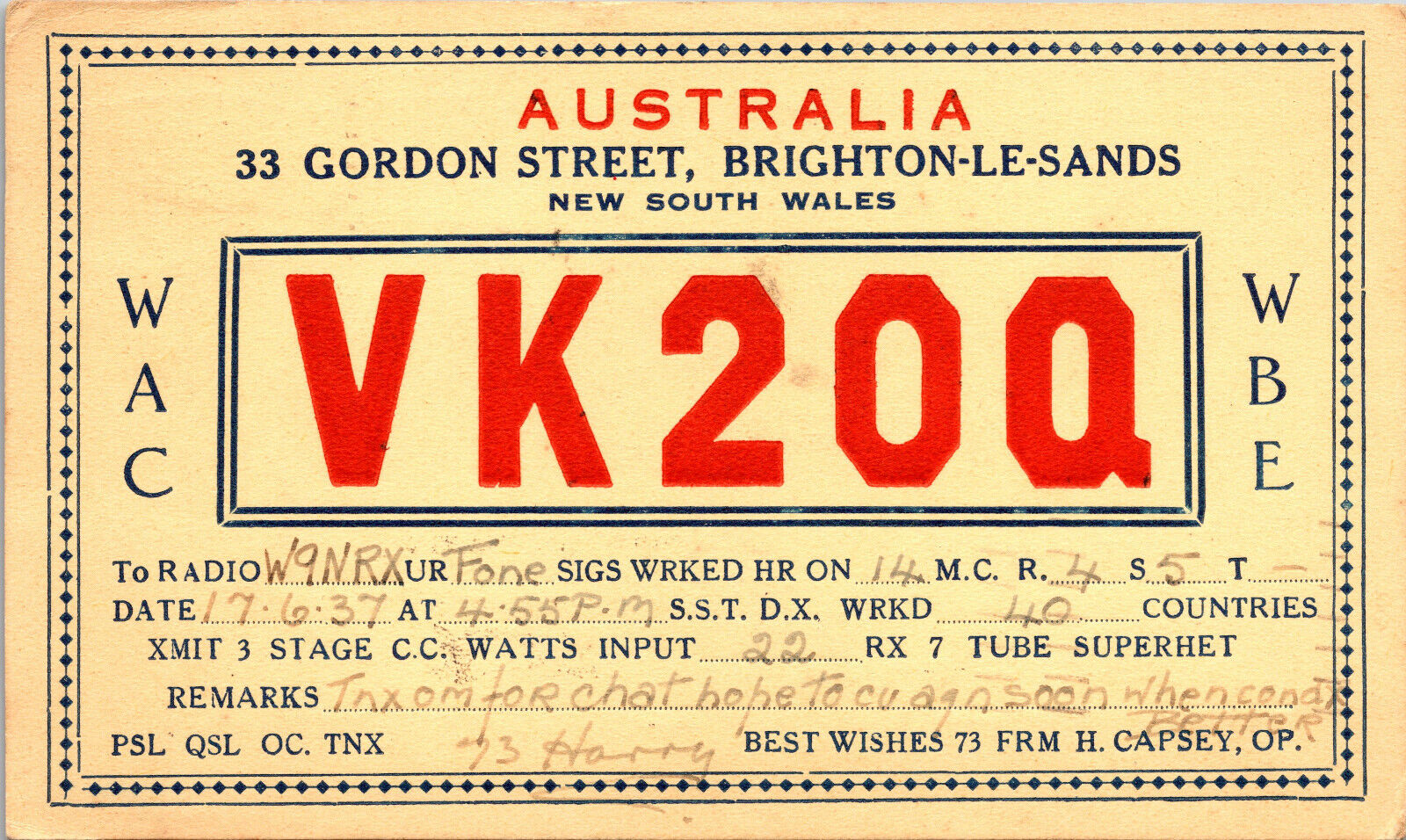 1937 VK2OQ Brighton-Le-Sands NSW Ham Radio Amateur QSL QSO Card Postcard Vtg
