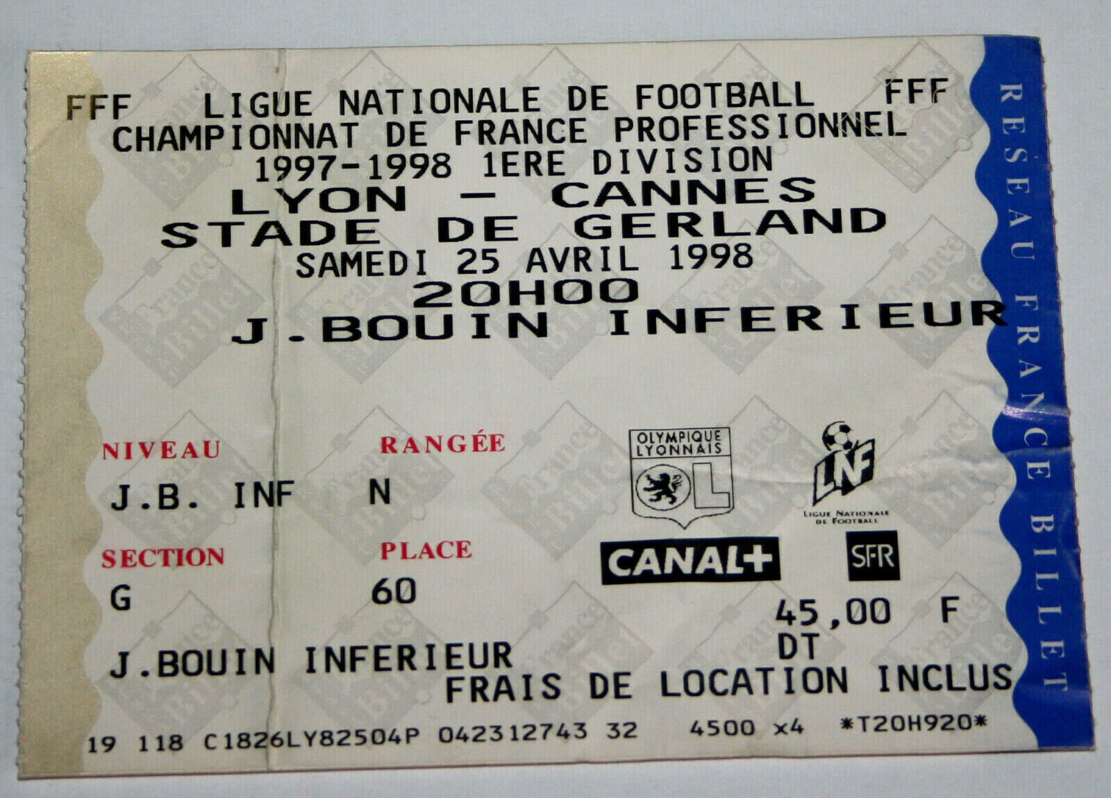 football ticket Olympique Lyonnais v ASC Cannes French championship 1997-98