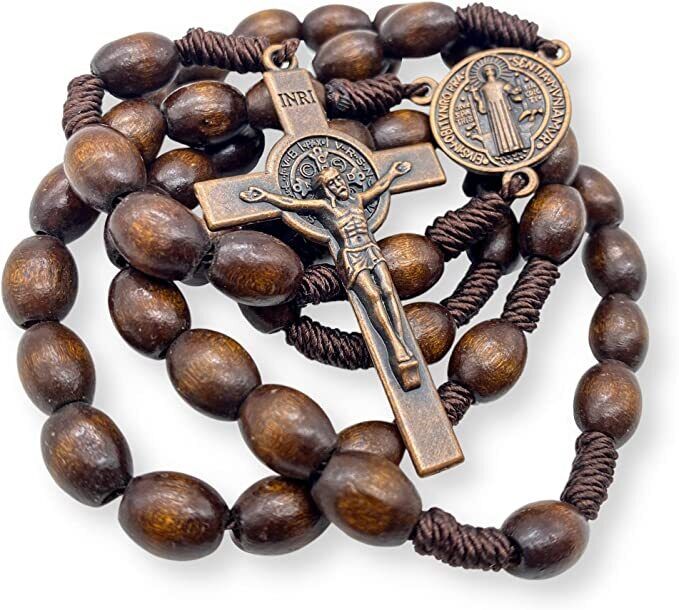 St Benedict Wood Rosary Cord Beaded Chaplet Wood Beads Saint Medal & Cross 