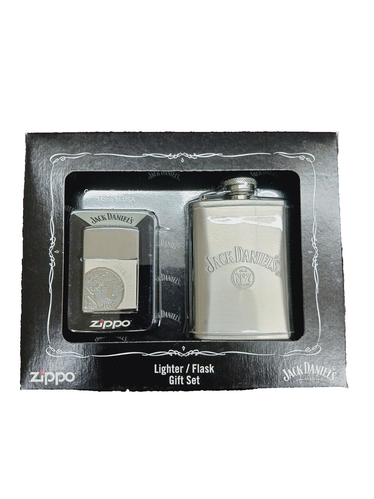 Zippo Jack Daniel's Lighter & Flask Gift Set 24652 High Polish Chrome