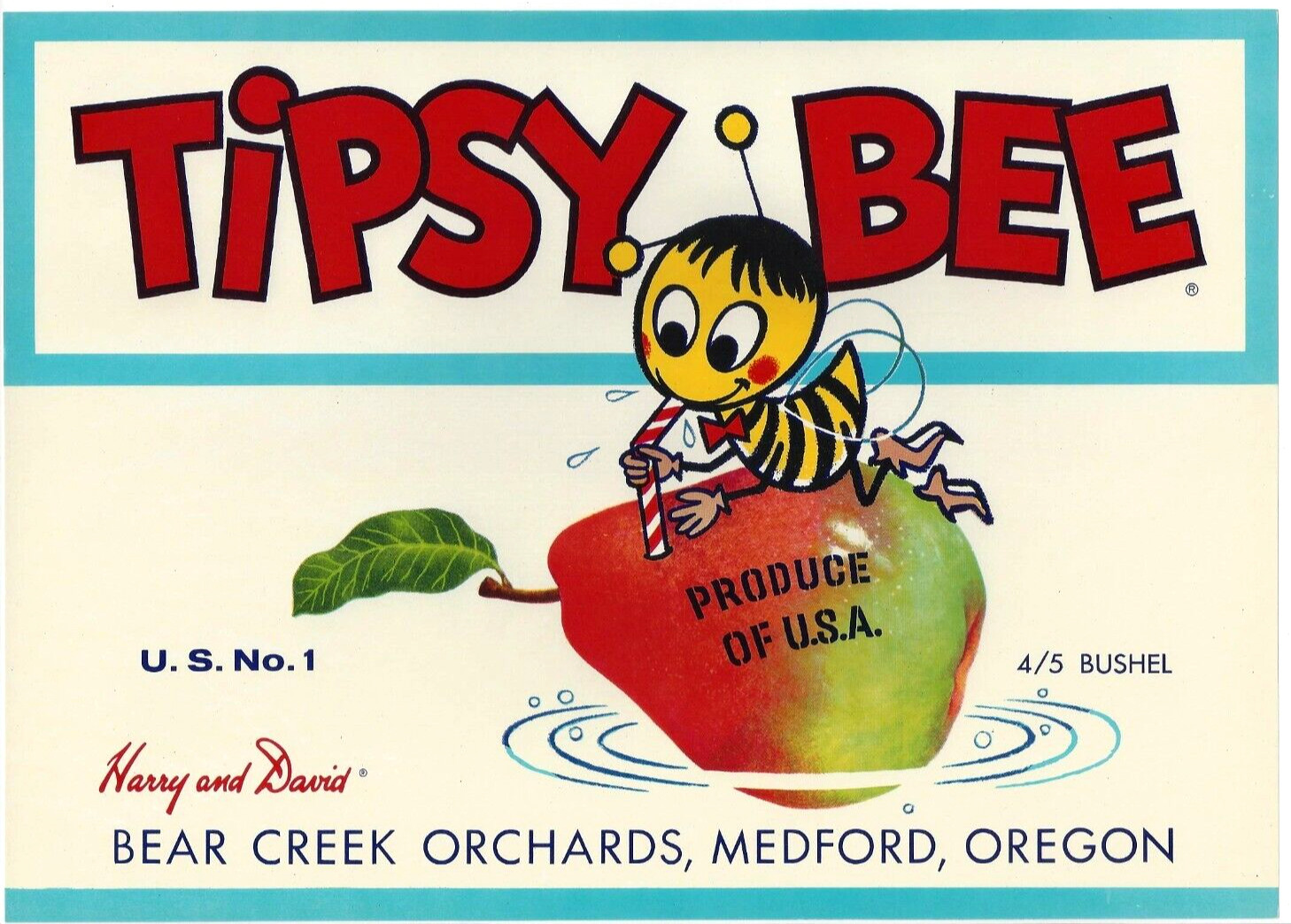 Original TIPSY BEE pear crate label Harry David Medford OR Bear Creek Orchards