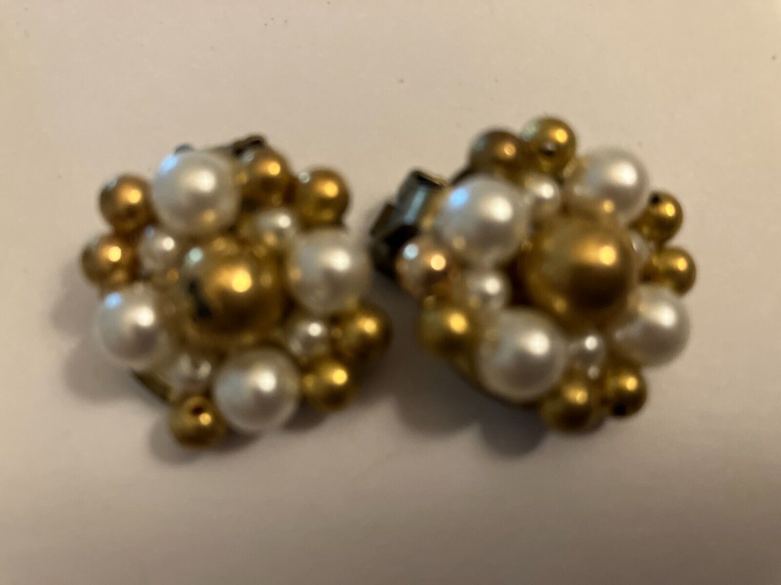 vintage estate gold color and faux pearl  bead  cluster screw back  earrings