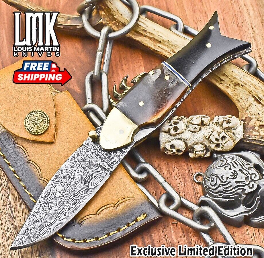 7.3 in Hand Forged Ladder Damascus Folding Knife Ram\'s Horn Liner Lock Hiking