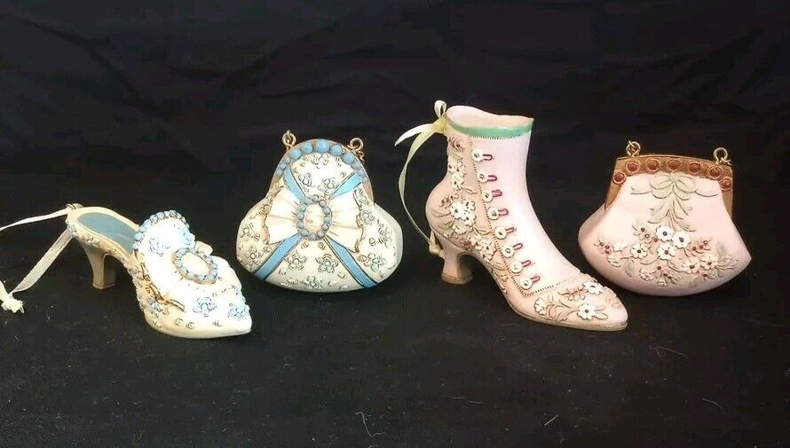Avon Victorian Miniature Boot and Purse Figurines.  2 Sets - Blue & Pink EUC