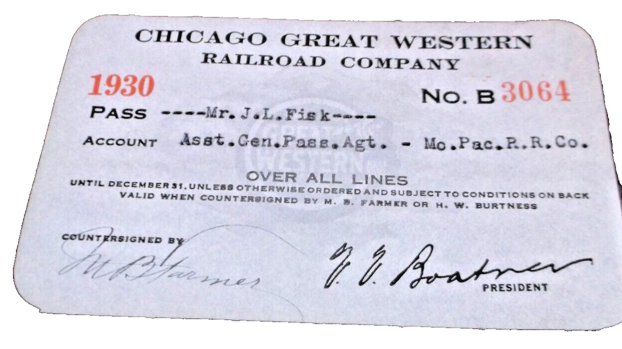 1930 CHICAGO GREAT WESTERN RAILWAY CGW EMPLOYEE PASS #3064
