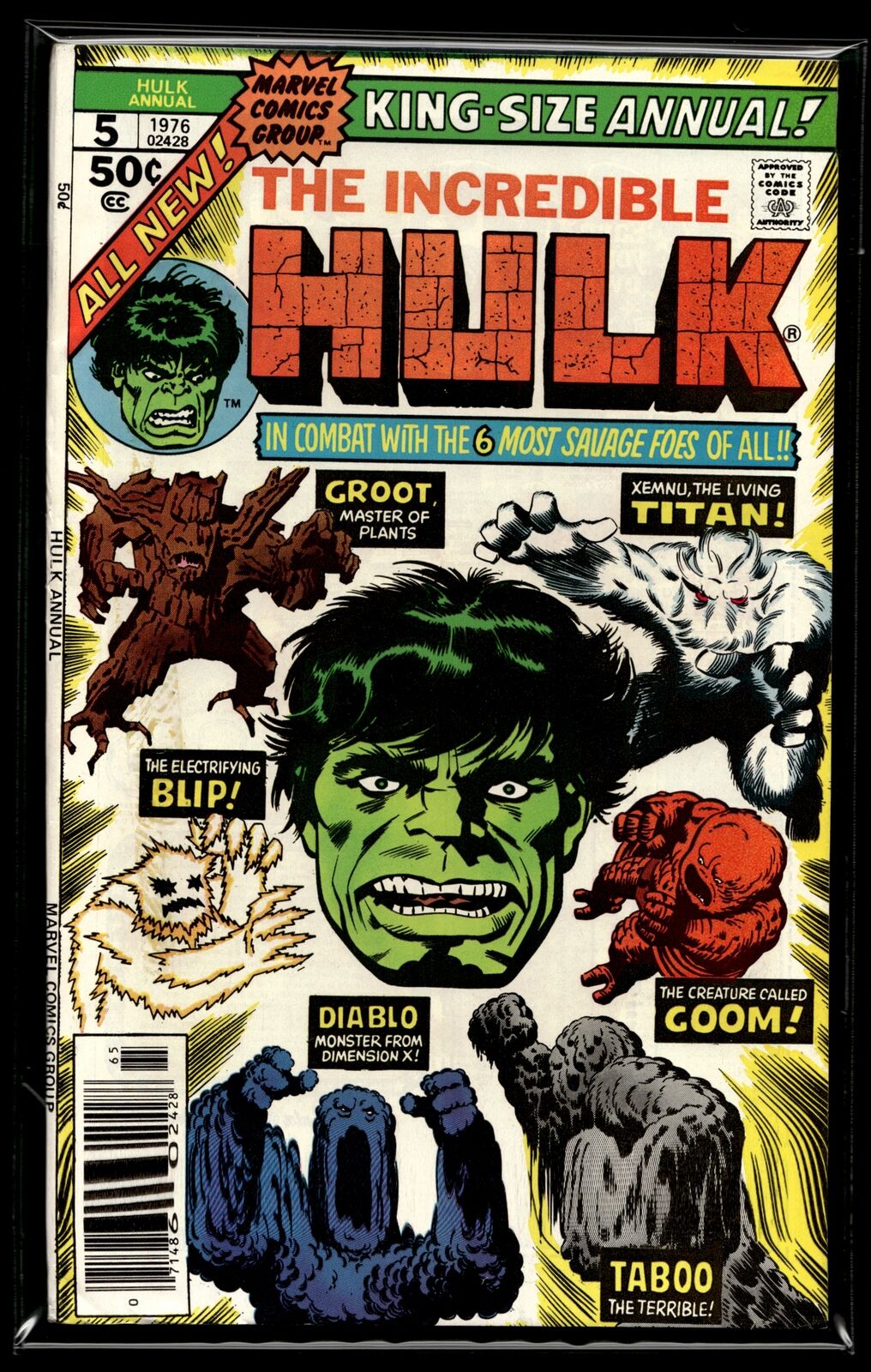 1976 Incredible Hulk Annual #5 2nd Groot Marvel Comic w/ Clear Board