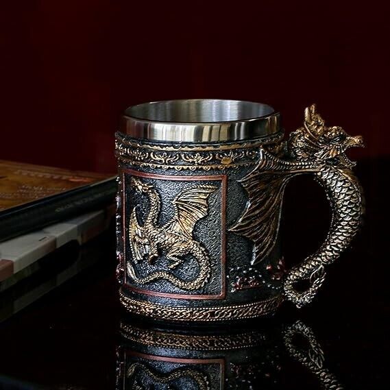 Medieval Dungeons and Dragons Coffee mug - 14oz Stainless Gold Roaring Dragon Be