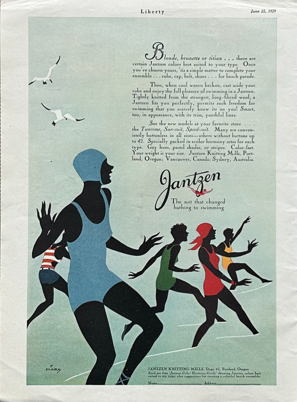 Jantzen Knitting Mills Ad 1929 Swim Suits Twosome, Sun-suit & Speed-suit