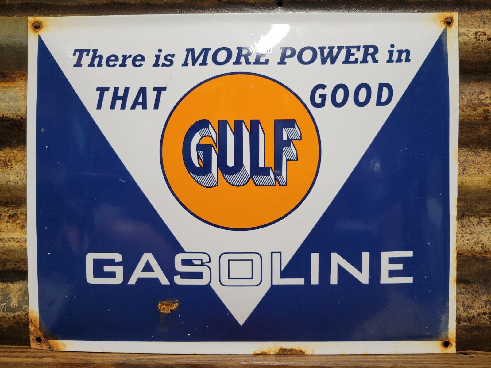 VINTAGE GOOD GULF PORCELAIN SIGN MORE POWER IN GASOLINE MOTOR OIL SERVICE 17