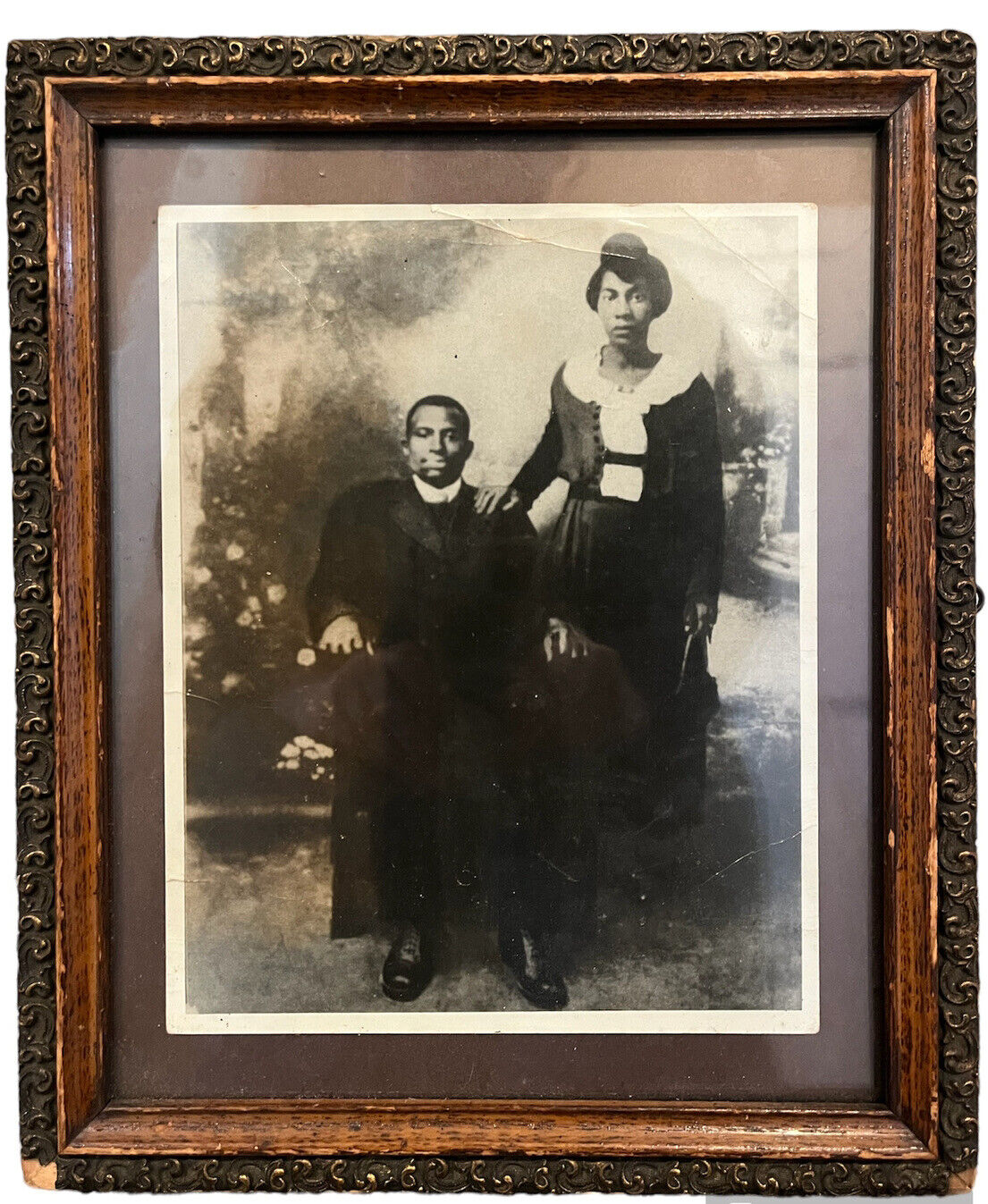 Antique Framed Black & White Photo African-American Couple Portrait
