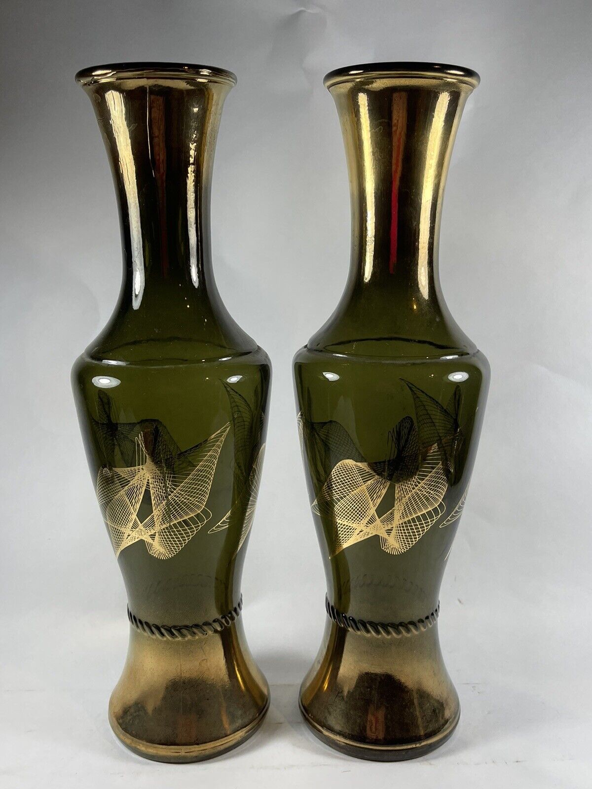 Vintage Wheaton Ware Vase Smokey Gold Glass Bud Bottle MCM Set of 2