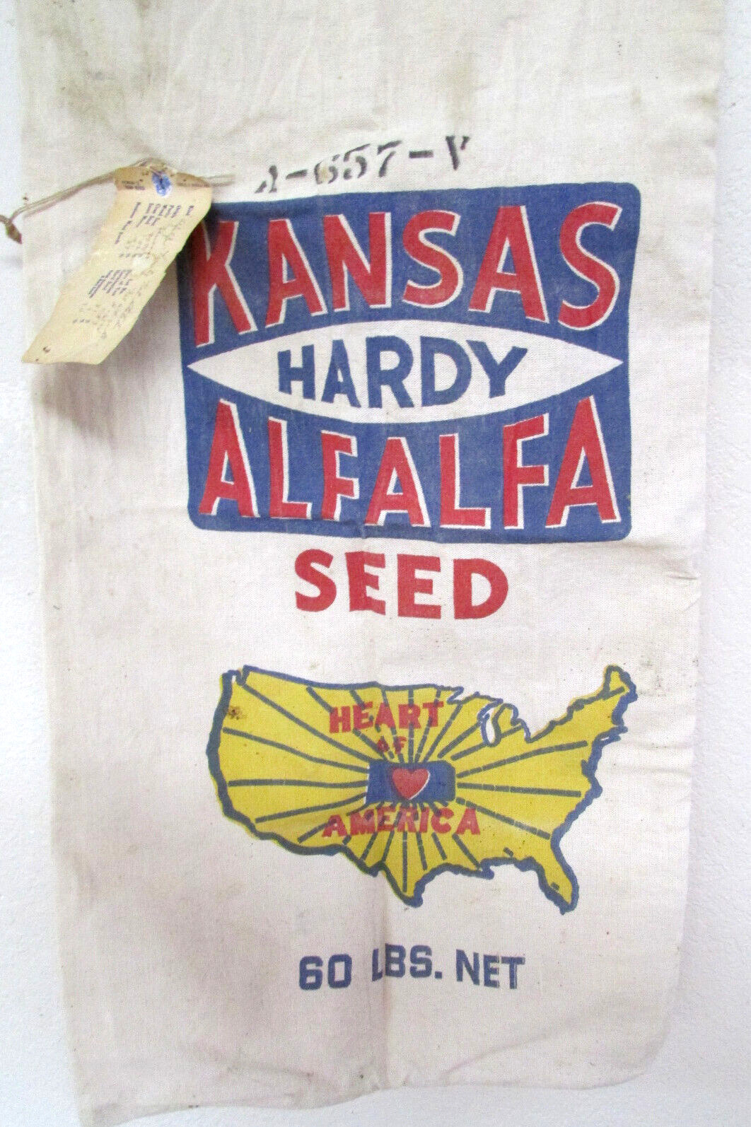 vintage Kansas Hardy Alfalfa empty seed canvas bag, great graphics, w/ tags