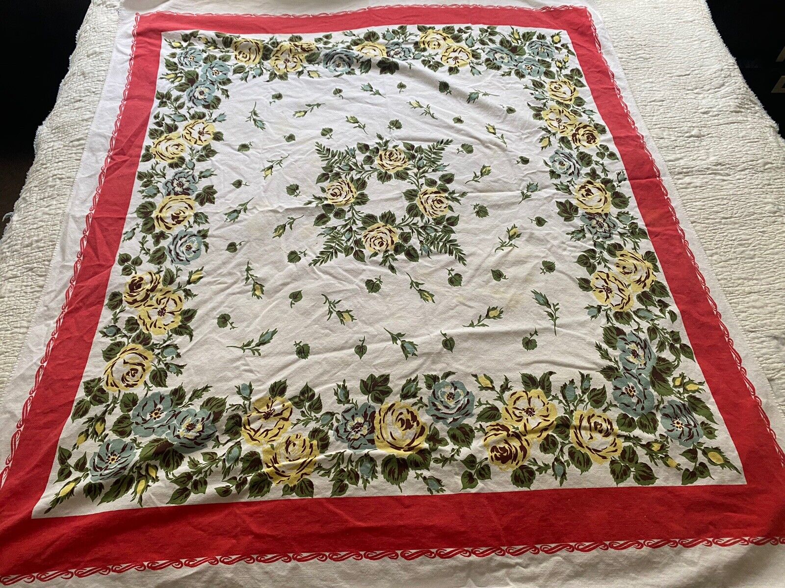 Vintage Floral Tablecloth 44 X 48  Red Trim 1950s   READ