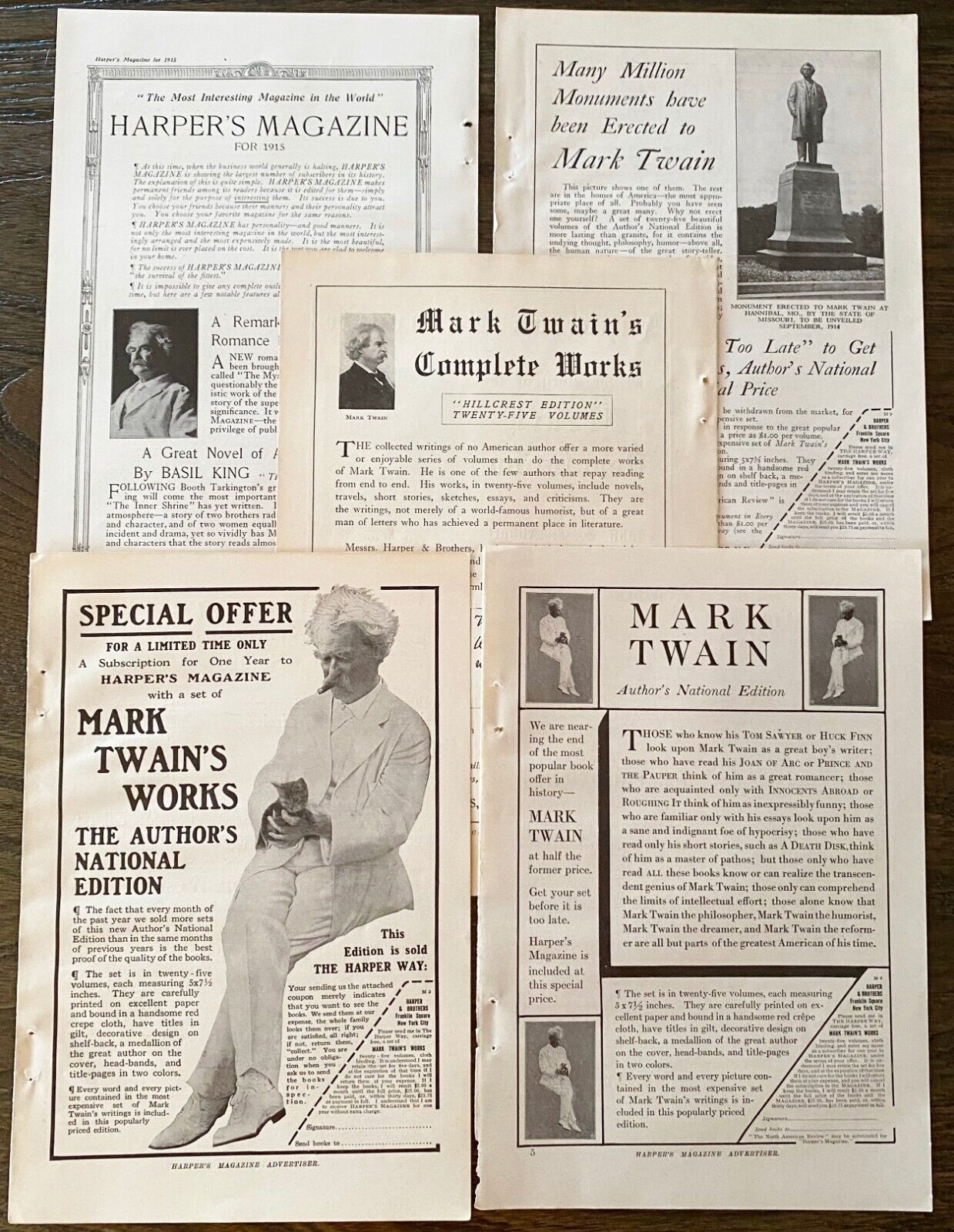 1914MARK TWAIN'S WORKS Vtg Harper's Magazine Print Ad Lot Literary Book Ephemera