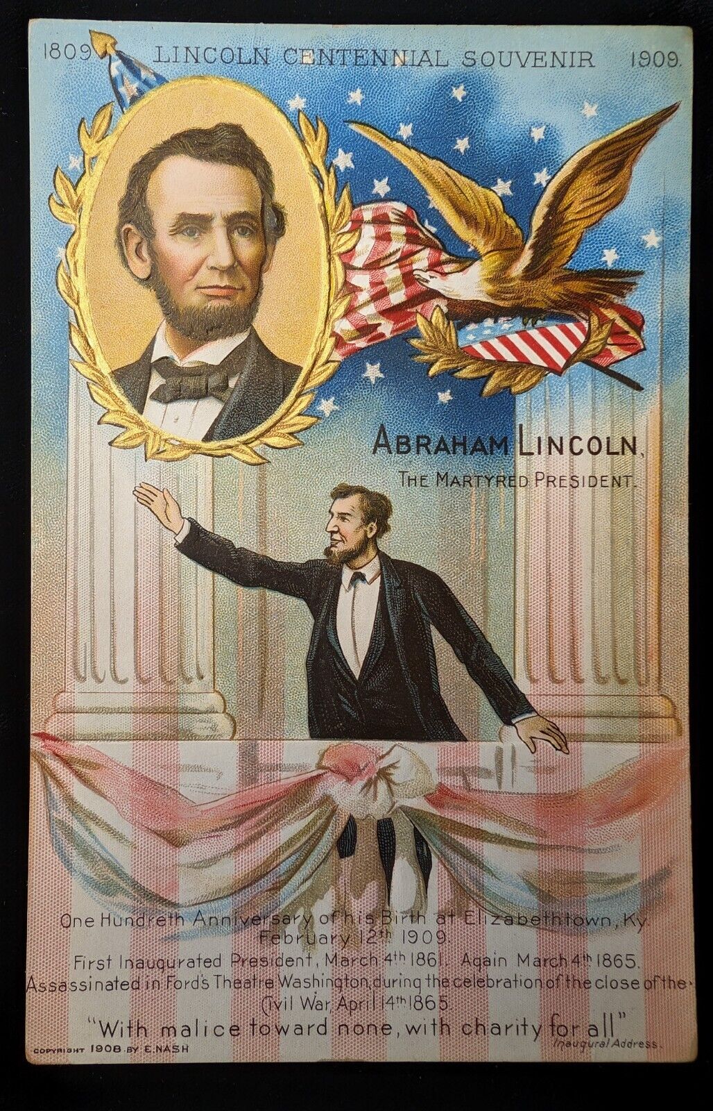 Antique Abraham Lincoln Centennial Souvenir E. Nash Postcard 1809-1909 Eagle 