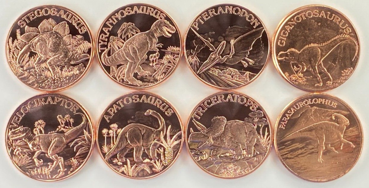 Copper Coins * Eight Piece Dinosaur Collector Set * Fine .999 Bullion Rounds