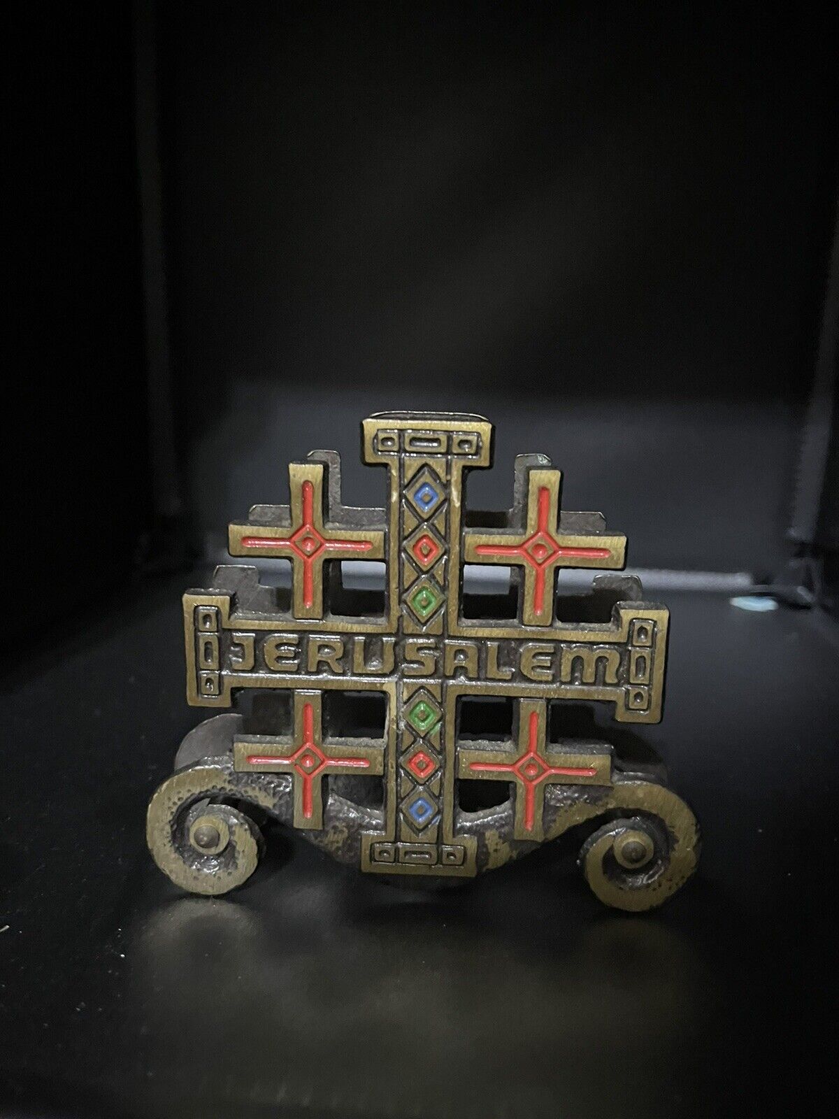 Vintage Brass Napkin Mail Holder Painted Jerusalem Cross Religious