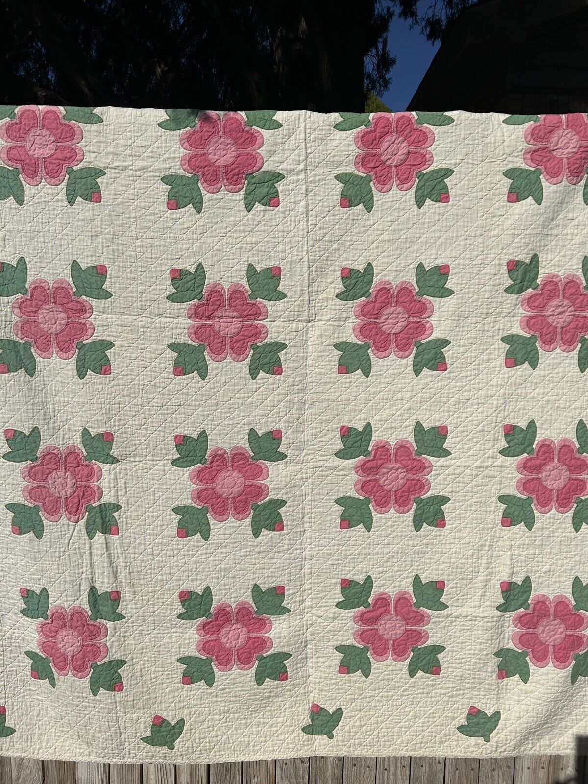 Vintage Quilt Rose Of Sharon Pink White Summer Weight 90” X 152”