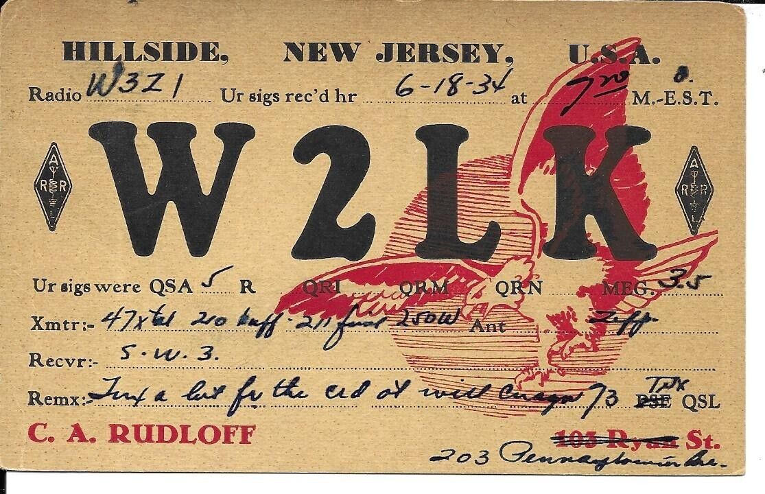 QSL 1934 Hillside New Jersey     radio card