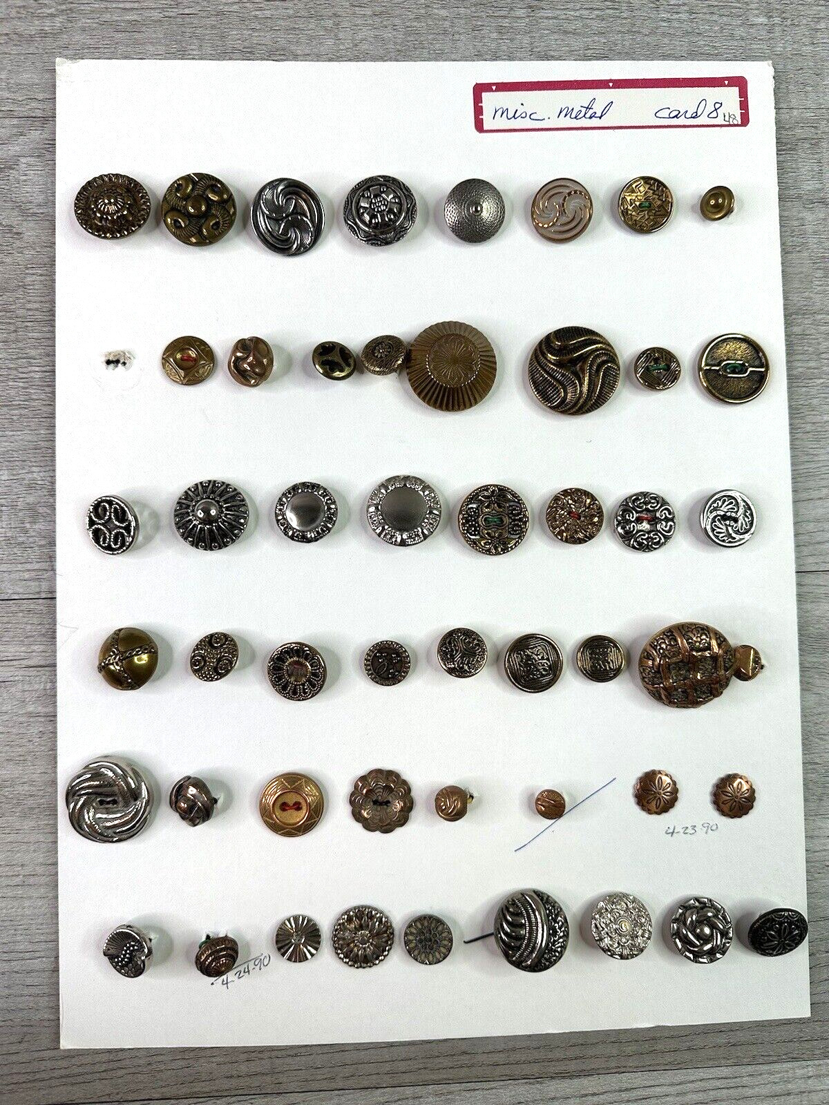 Collector Card of Vintage Misc. Metals Buttons Mixed Metals