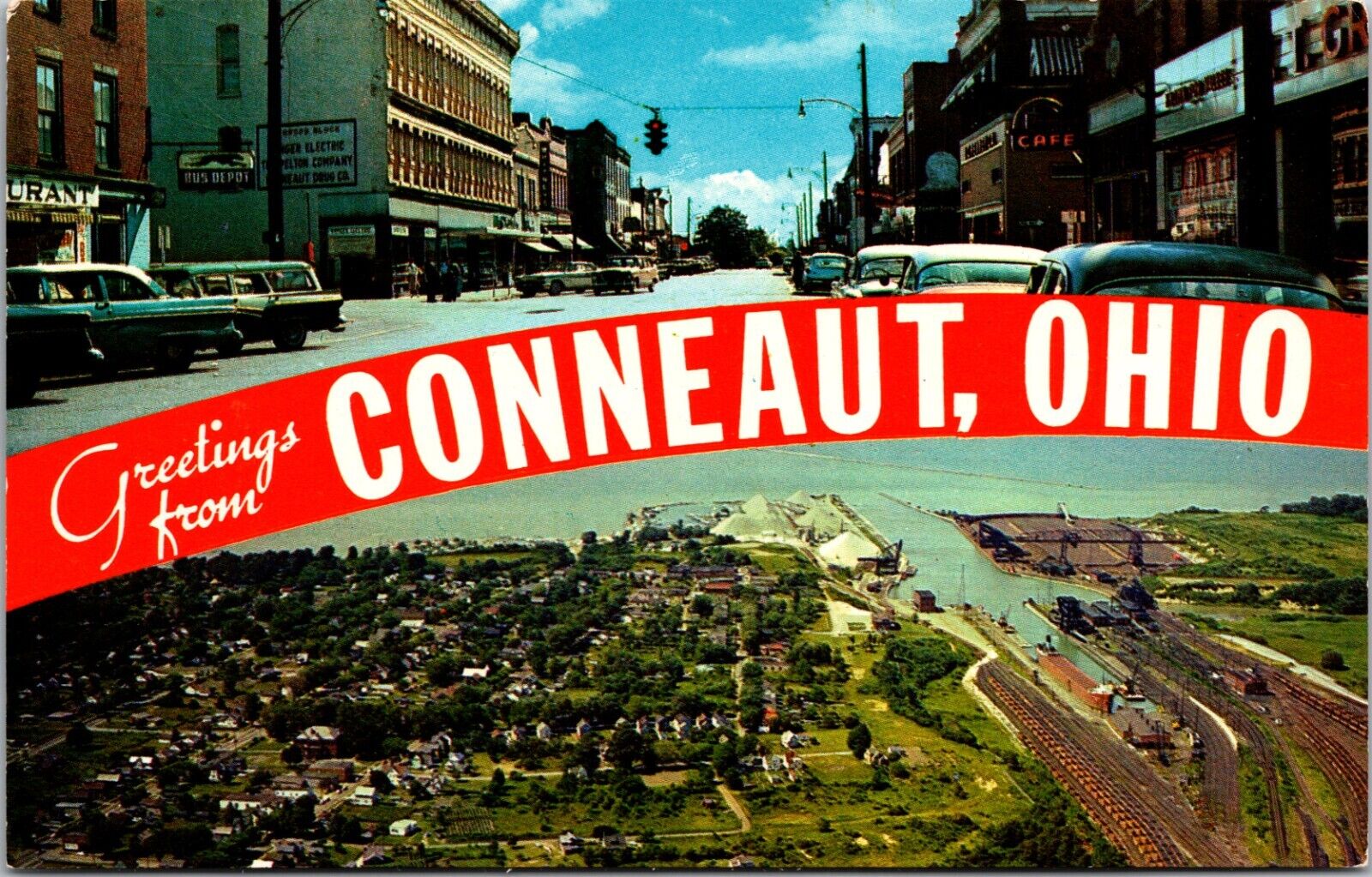 Conneaut Ohio OH Main Street & Harbor Red Banner Postcard