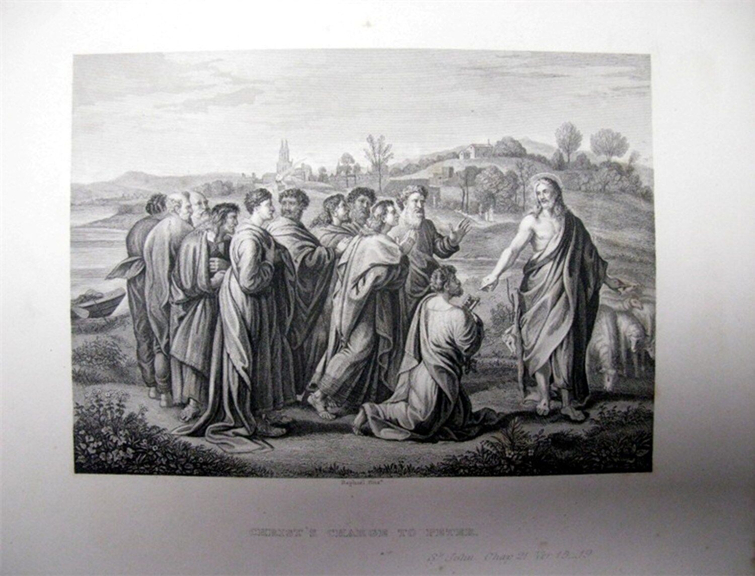 1838 BOOK PLATE PRINT PICTORAL HISTORY OF BIBLE BY RAPAHEL CHRISTS CHARGE PETER