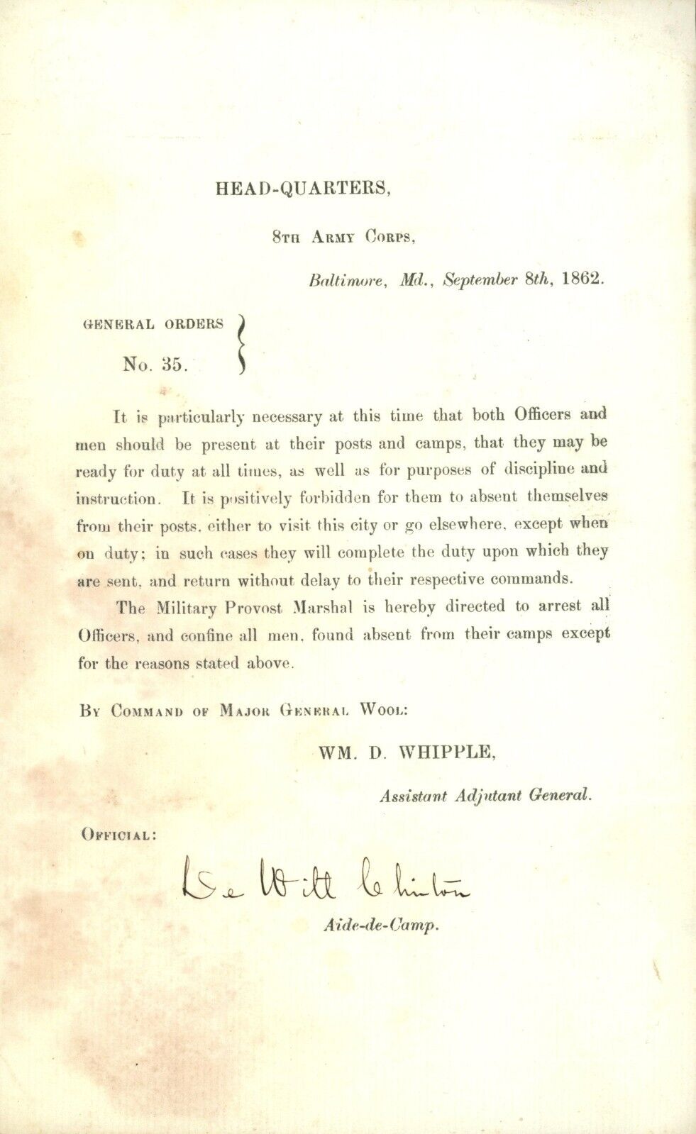 Civil War General Orders Document - De Witt Clinton