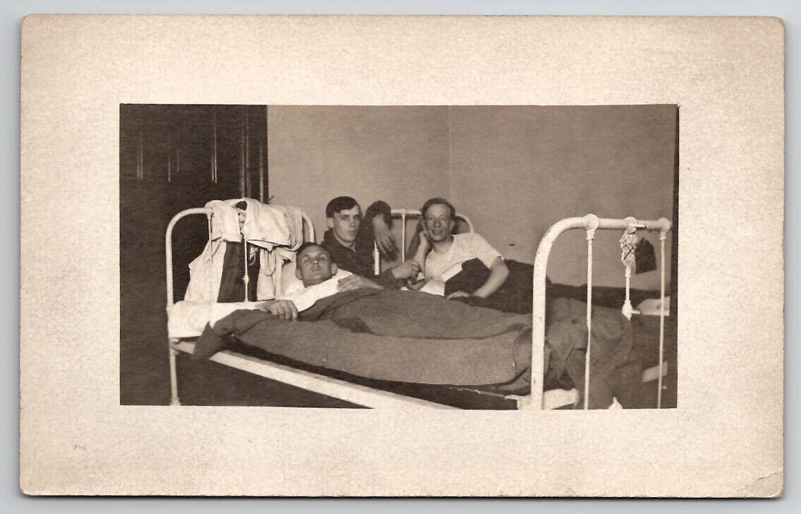 RPPC Three Young Men Soldiers Hospital Beds Postcard S28