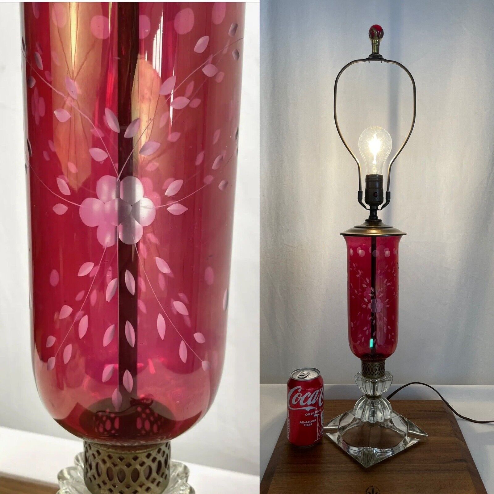 Antique Vtg Art Deco Cranberry Red Glass Cut to Clear Table Lamp 20s 30s 40s 50s