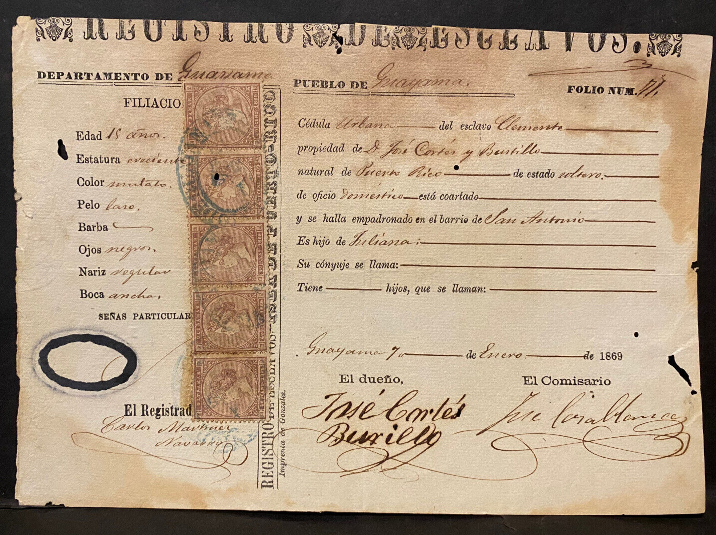 Puerto Rico 1869, Registro Esclavo+ 5 Sellos Ultramar 40ct, GUAYAMA Male 15 Años