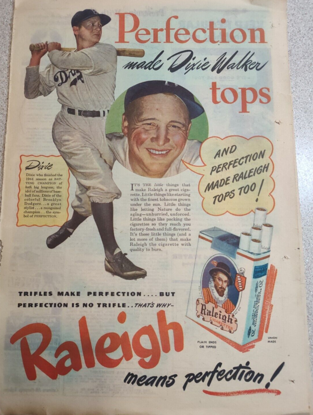 1947 Dixie Walker Brooklyn Dodgers Baseball Raleigh Cigarette Print Ad Rare 