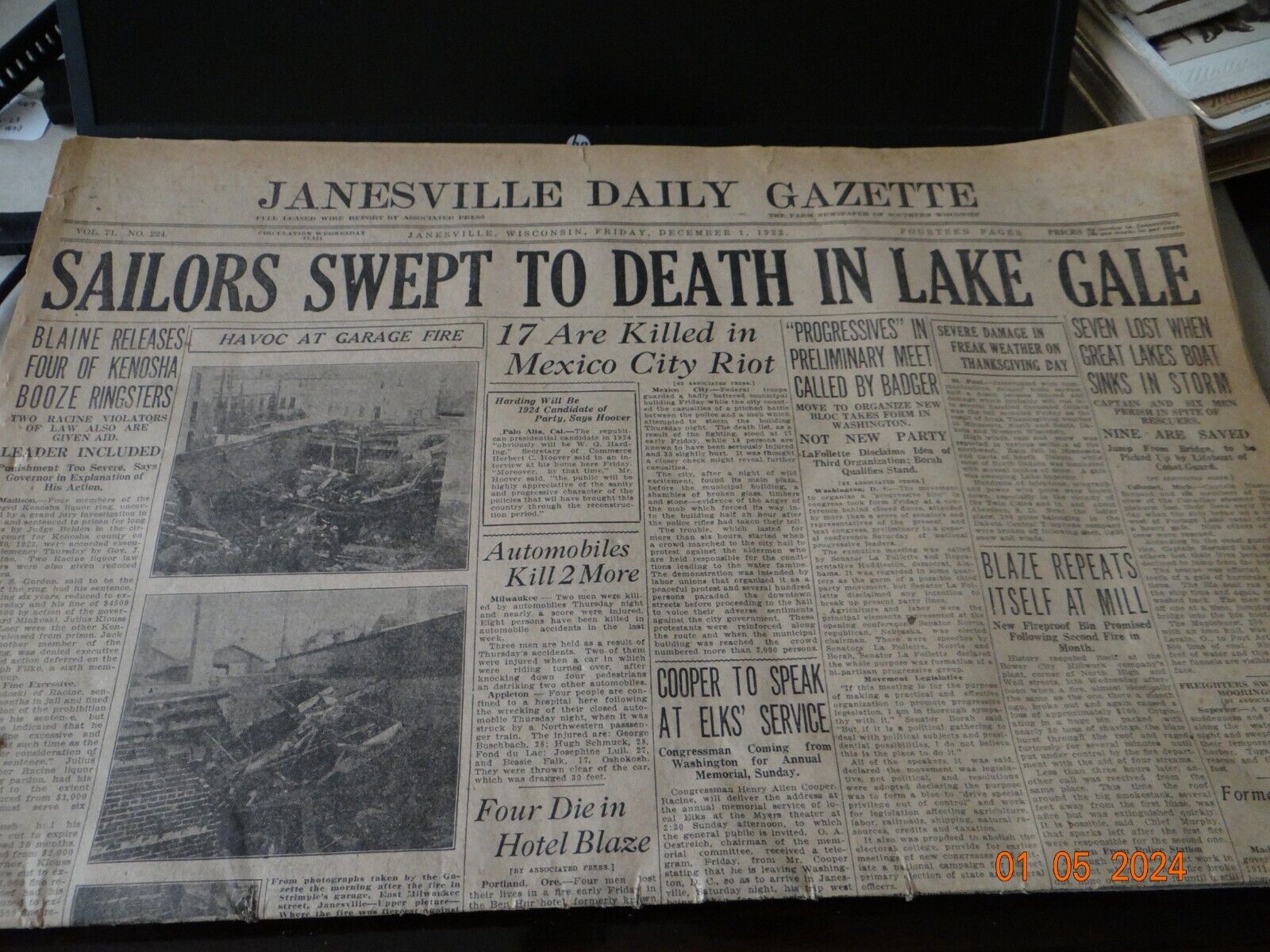 1922 Sailors Swept to Death in Lake Gale Newspaper Janesville WI