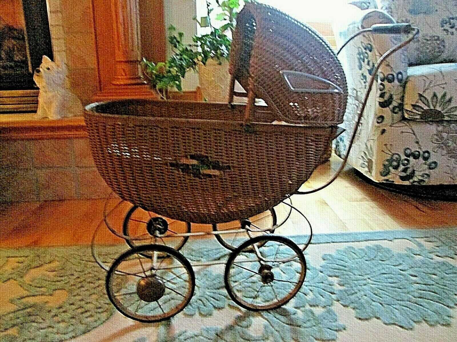 Antique Wicker Baby Doll Buggy Hooded w/Windows in Sides