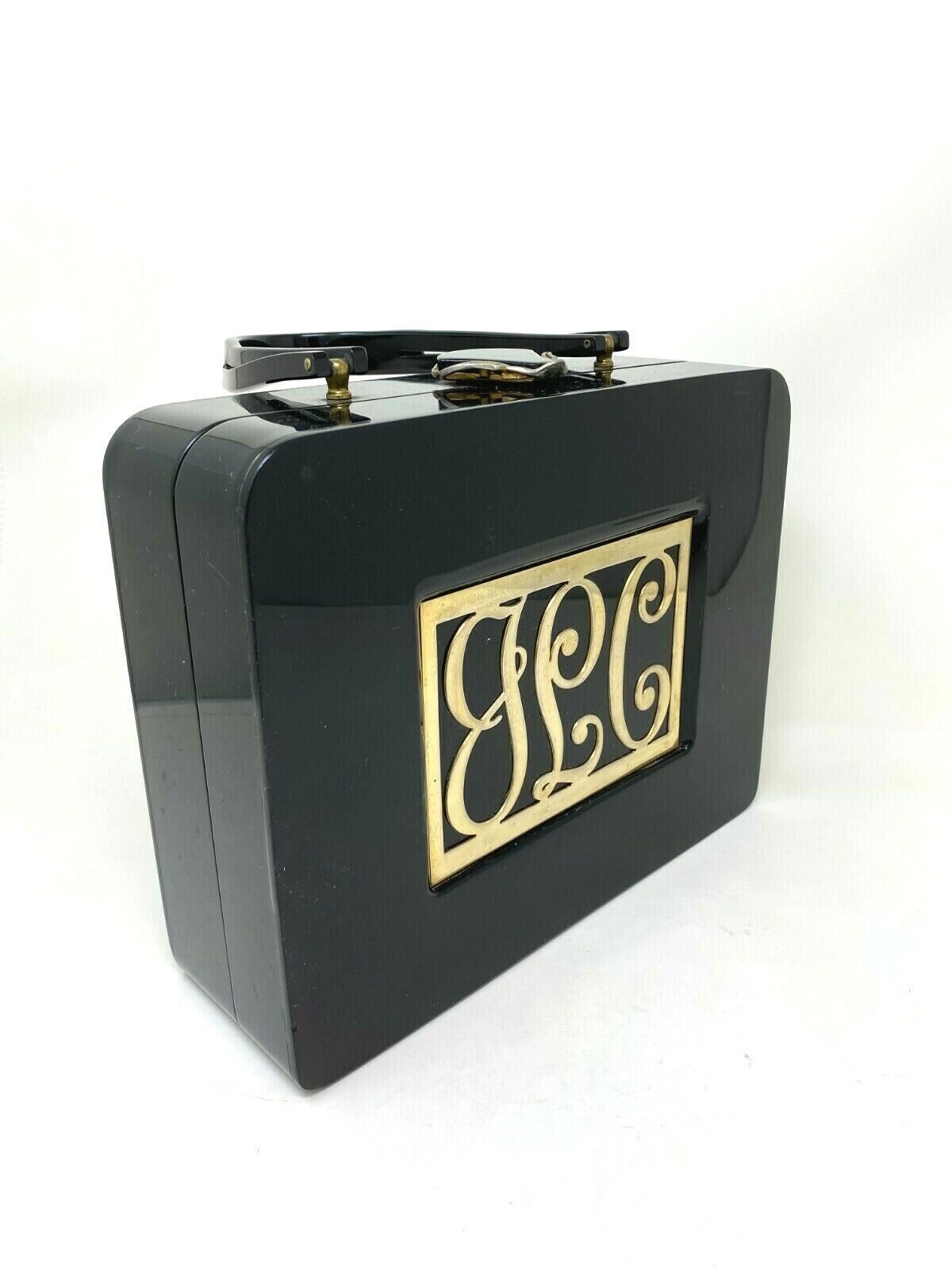 Lucite Box Purse Gold Initialed Black Rare Vintage 1950s - GOOD