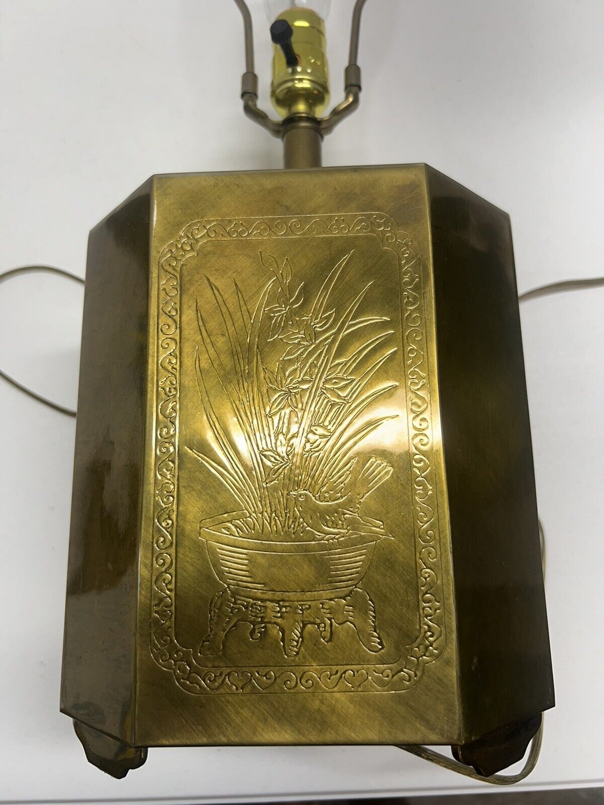 TEA CADDY vtg wildwood brass ginger jar table lamp ikebana chinese japanese bird