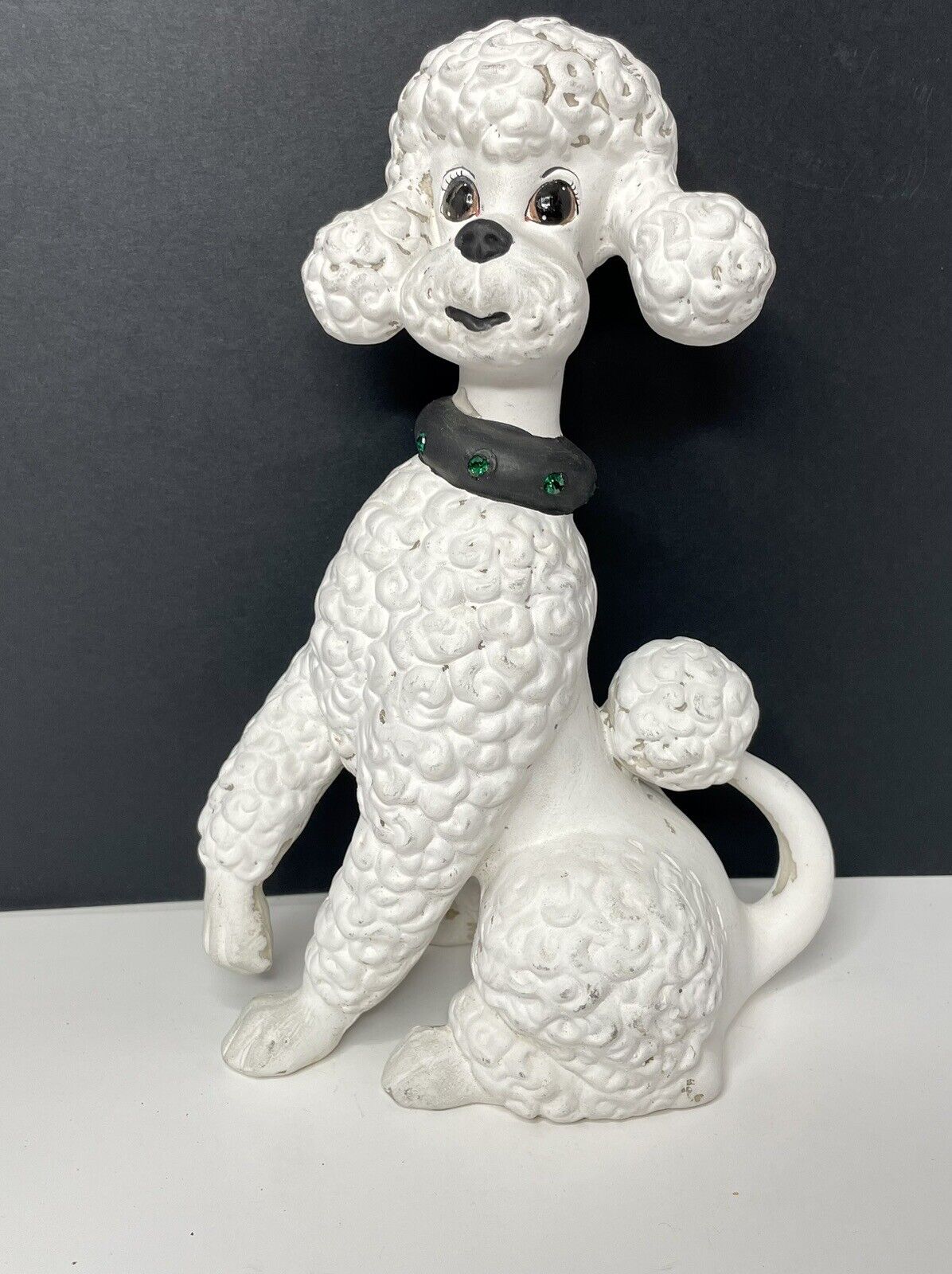 Vtg Large Ceramic White Curly Poodle Figure Rhinestone Collar 10.5\
